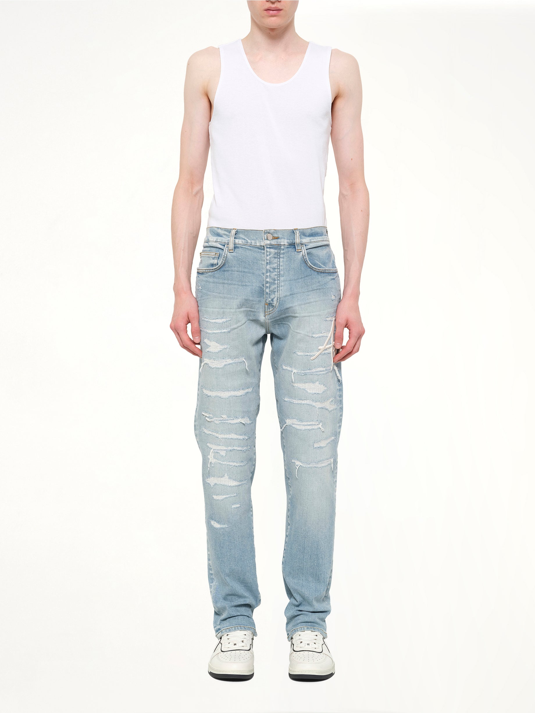 AMIRI Amiri Repaired Slim Jean in Worn Slate Model View from MARAIS