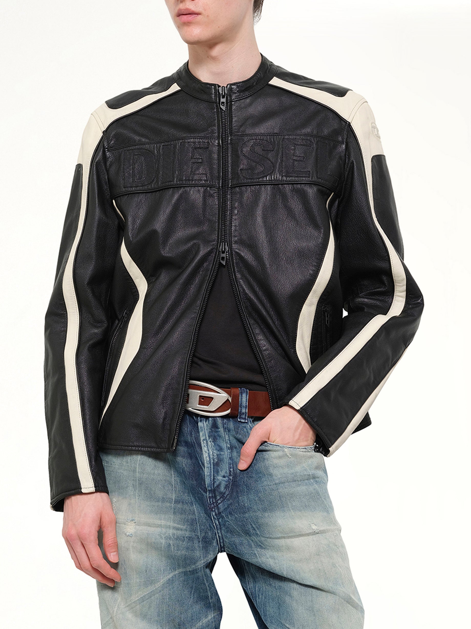 DIESEL L-ADAM Leather Jacket in Black Detail Shot from MARAIS