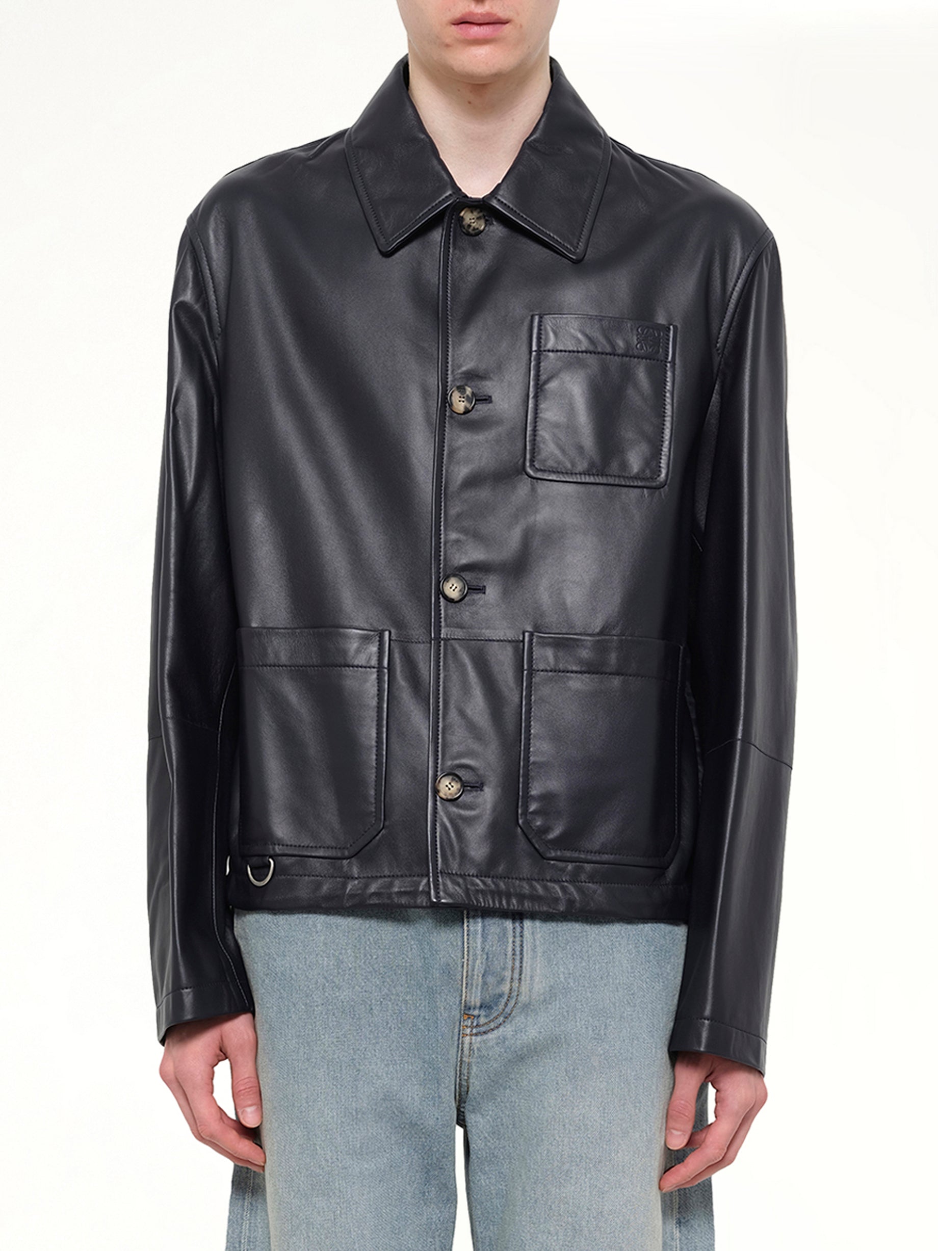 Leather Workwear Jacket in Navy Blue