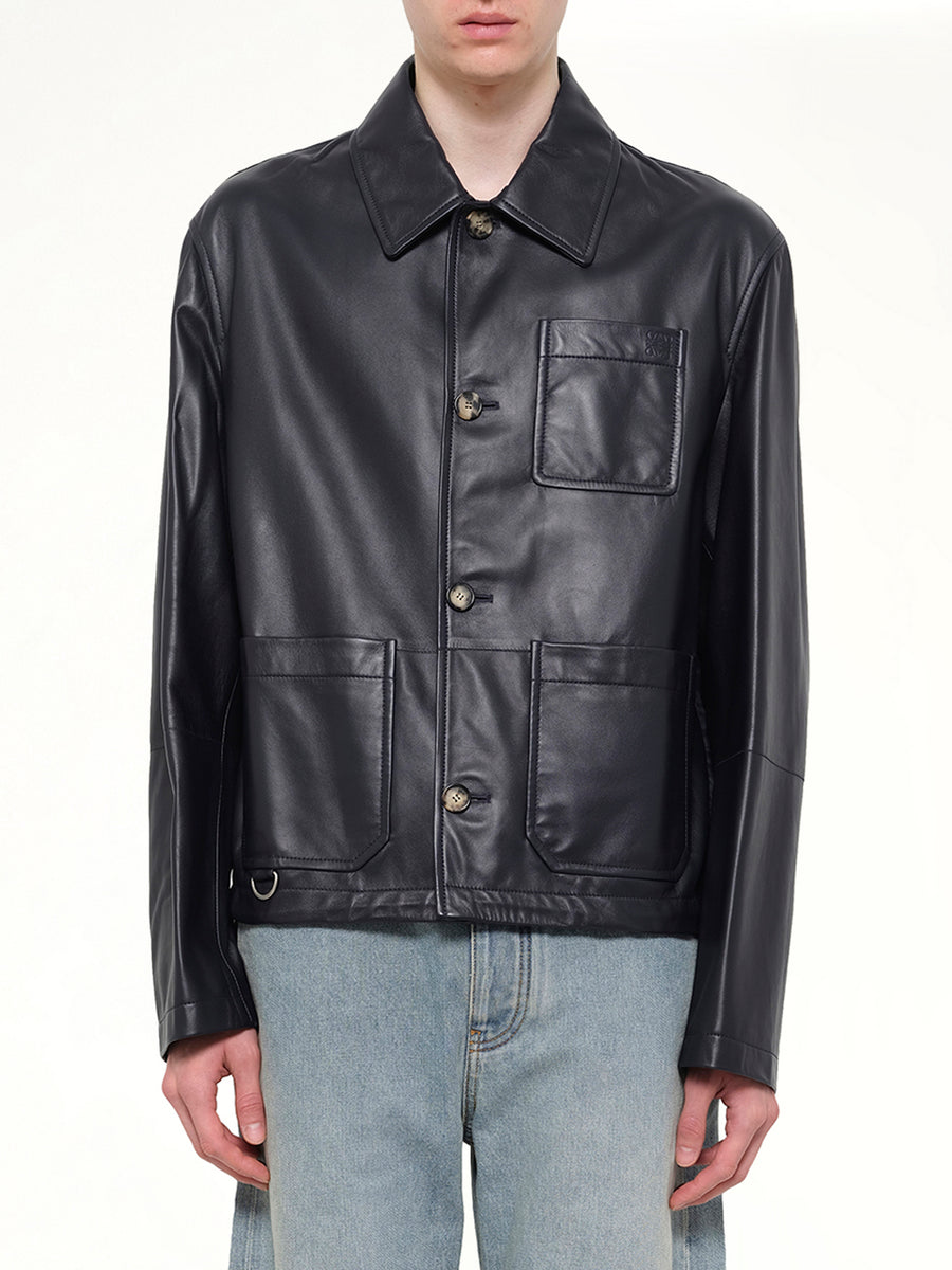 Leather Workwear Jacket in Navy Blue