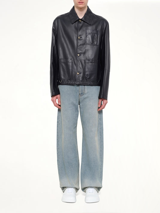 Leather Workwear Jacket in Navy Blue