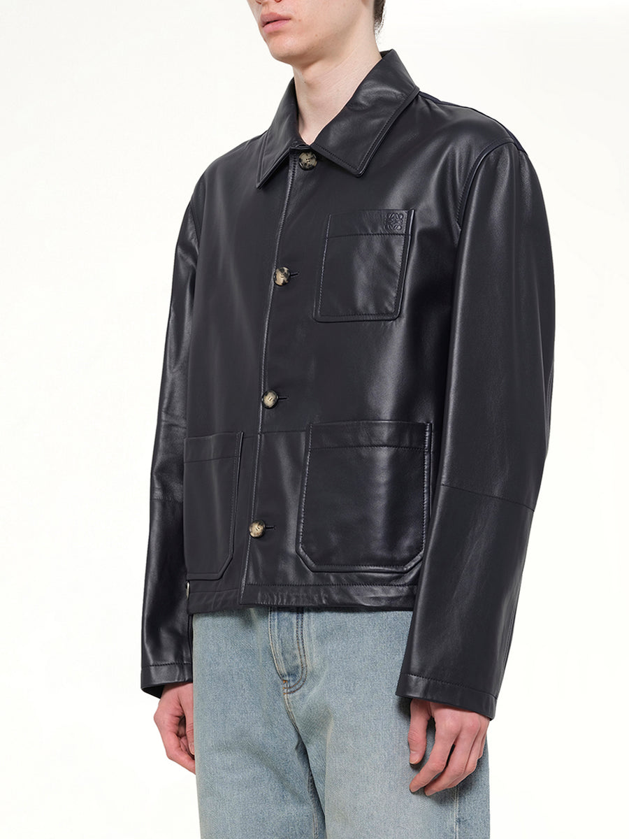 Leather Workwear Jacket in Navy Blue