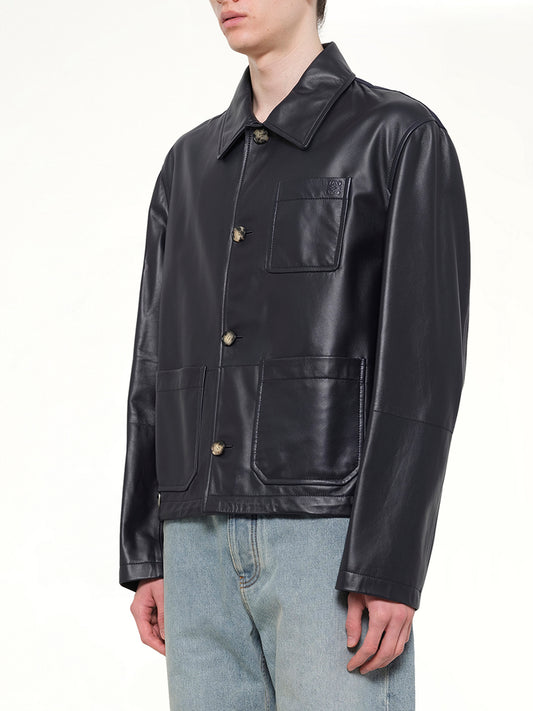 Leather Workwear Jacket in Navy Blue
