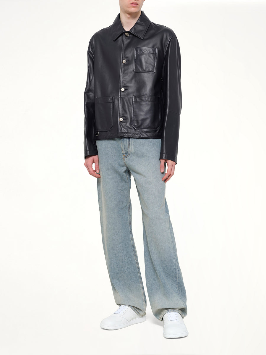 Leather Workwear Jacket in Navy Blue