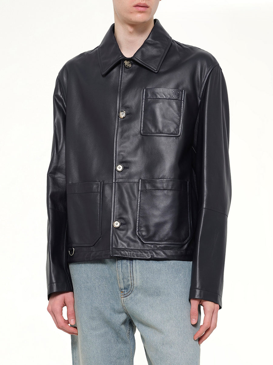 Leather Workwear Jacket in Navy Blue
