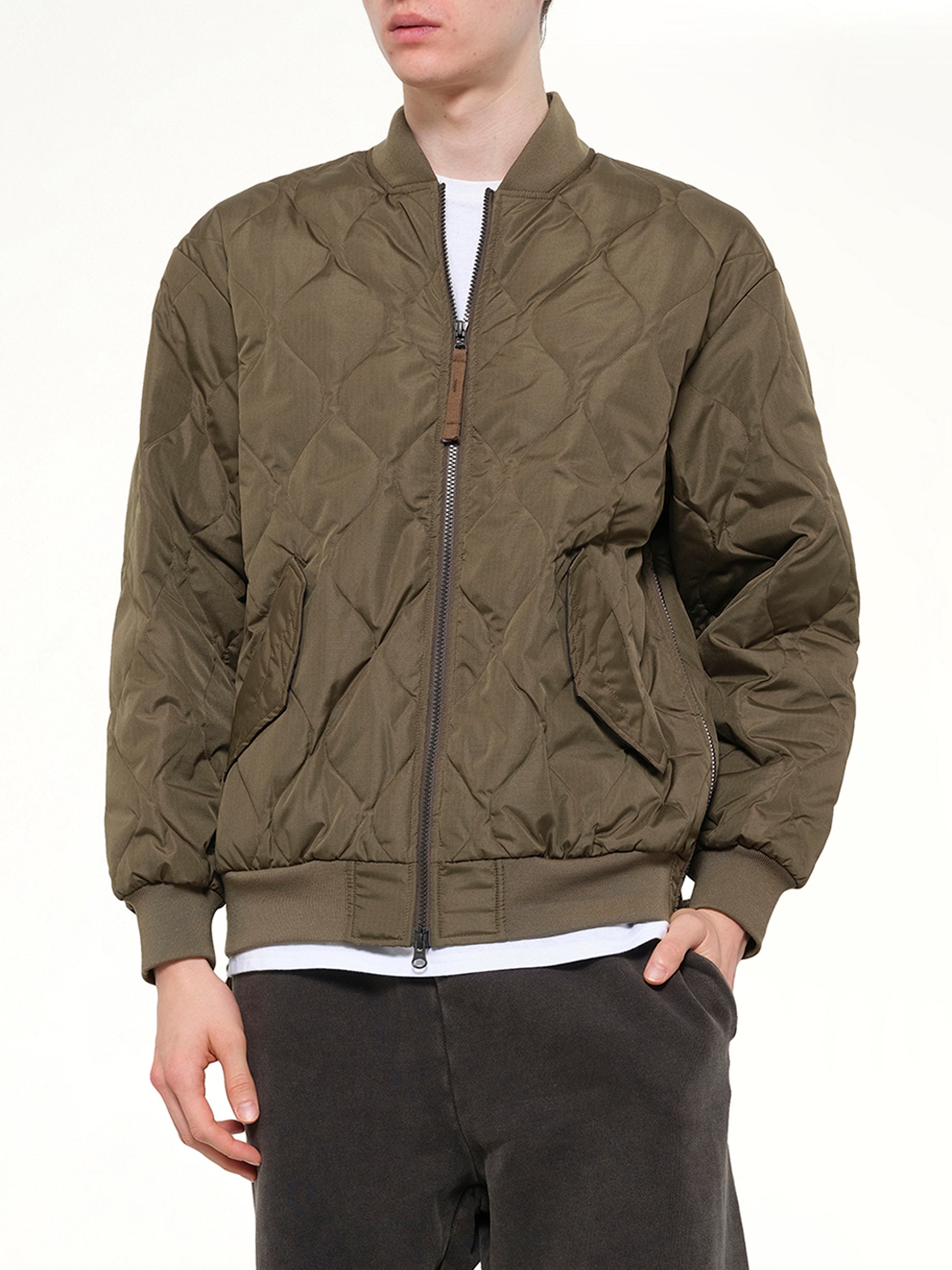 TAION Military MA-1 Type Down Jacket in Dark Olive Detail Shot from MARAIS