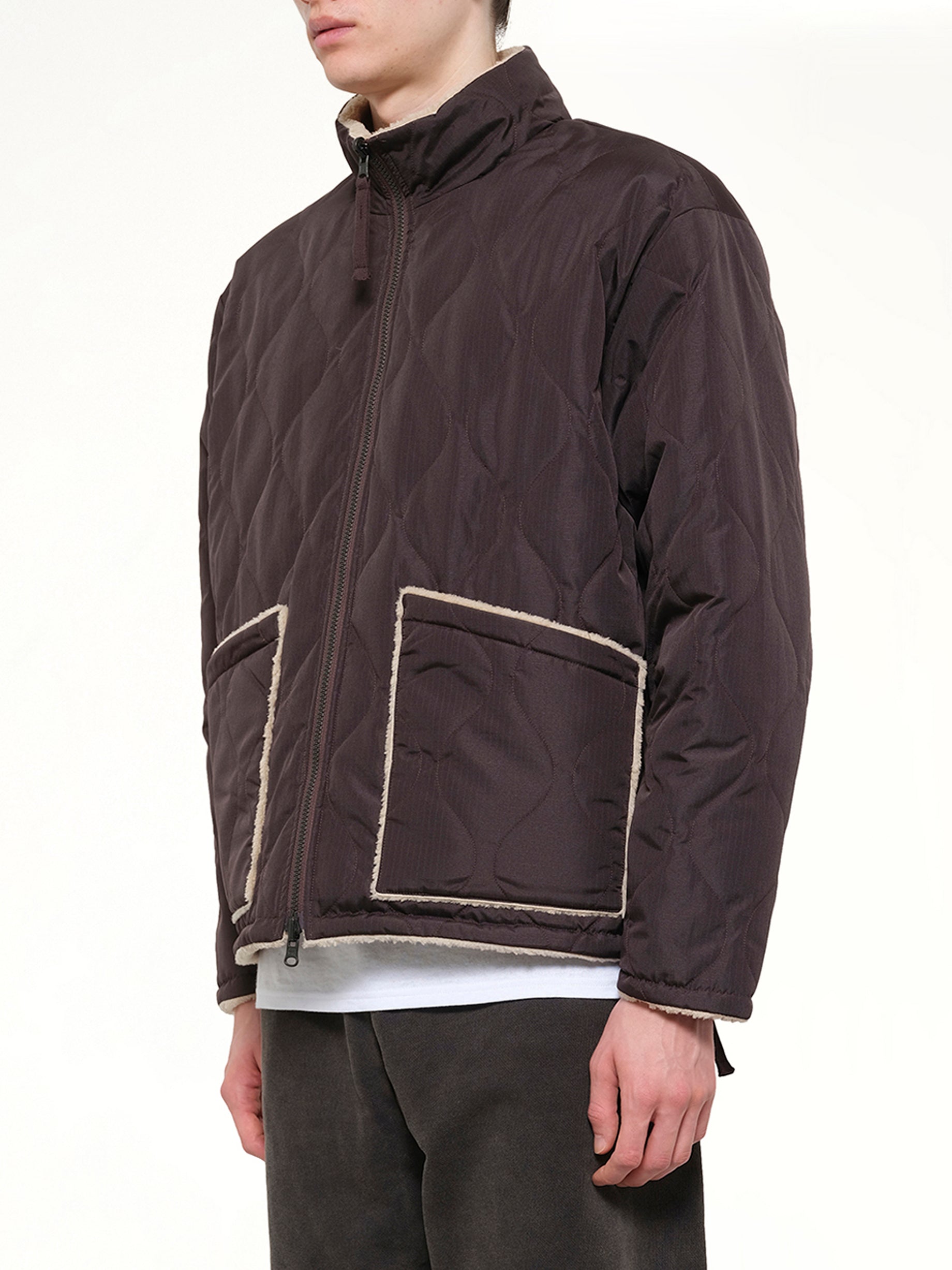 TAION Military Reversible Down Boa Jacket in Dark Chocolate Side View from MARAIS