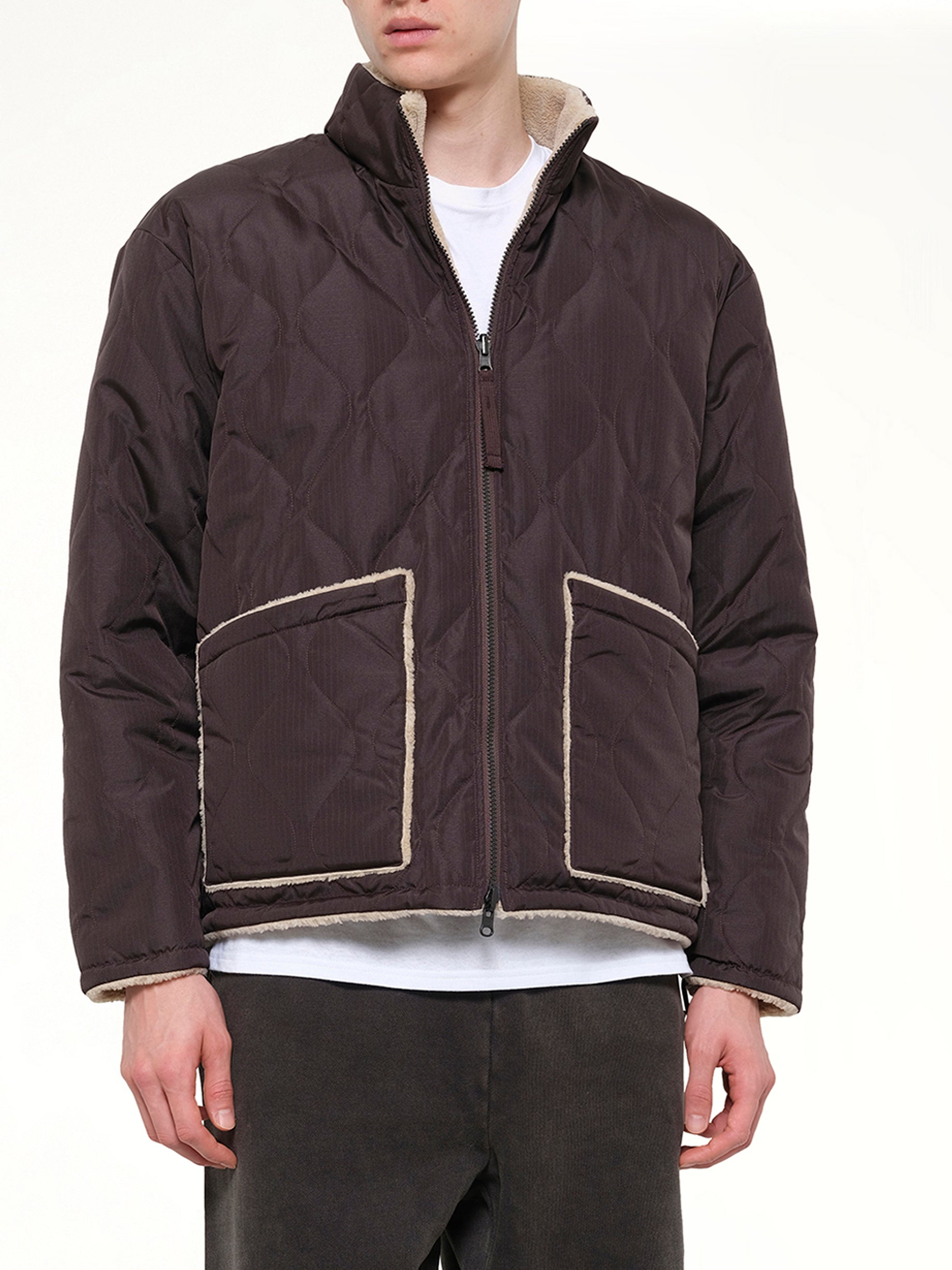 TAION Military Reversible Down Boa Jacket in Dark Chocolate Detail Shot from MARAIS