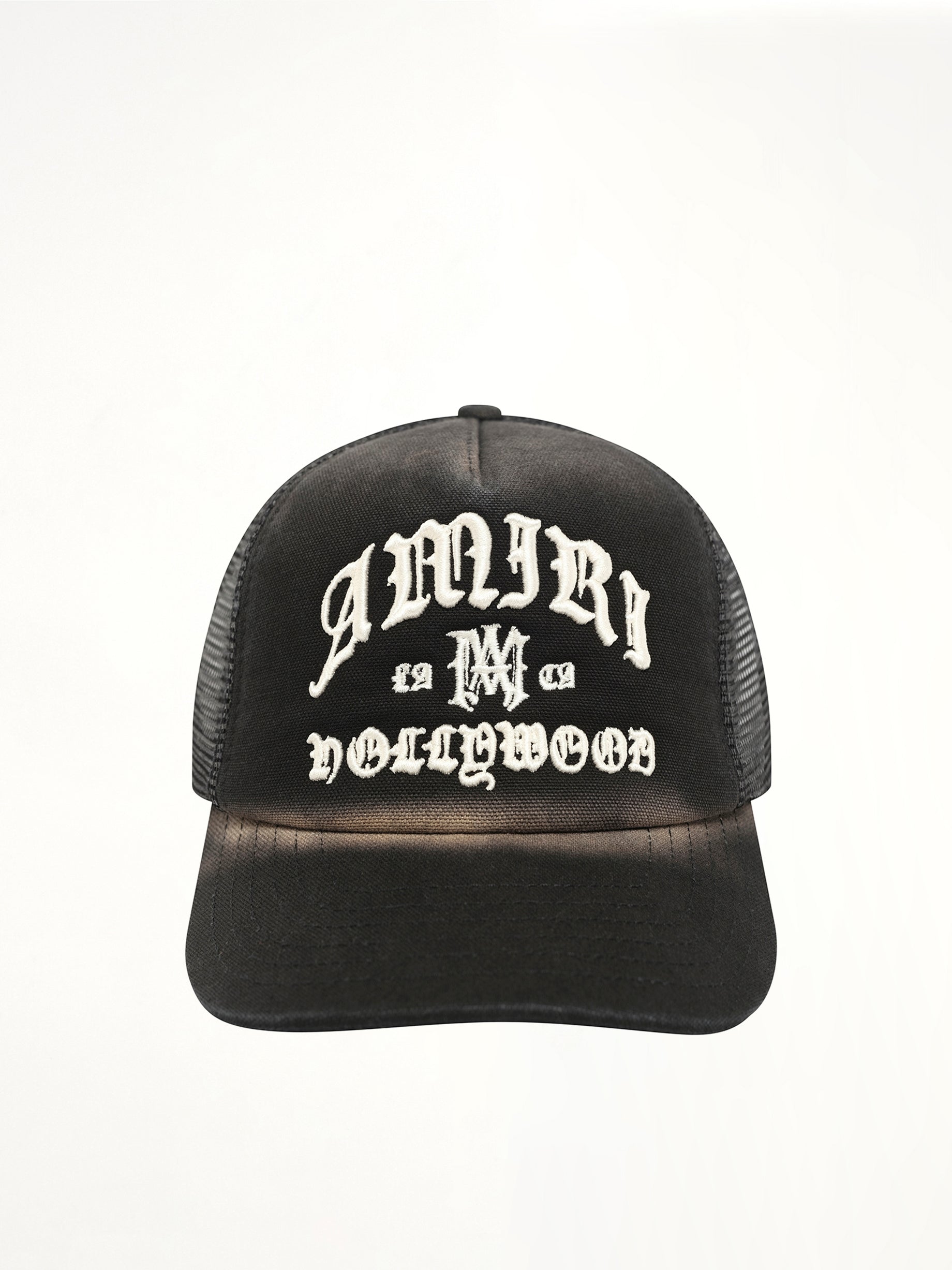 AMIRI Faded Amiri Hollywood Trucker Hat in Black Front View from MARAIS