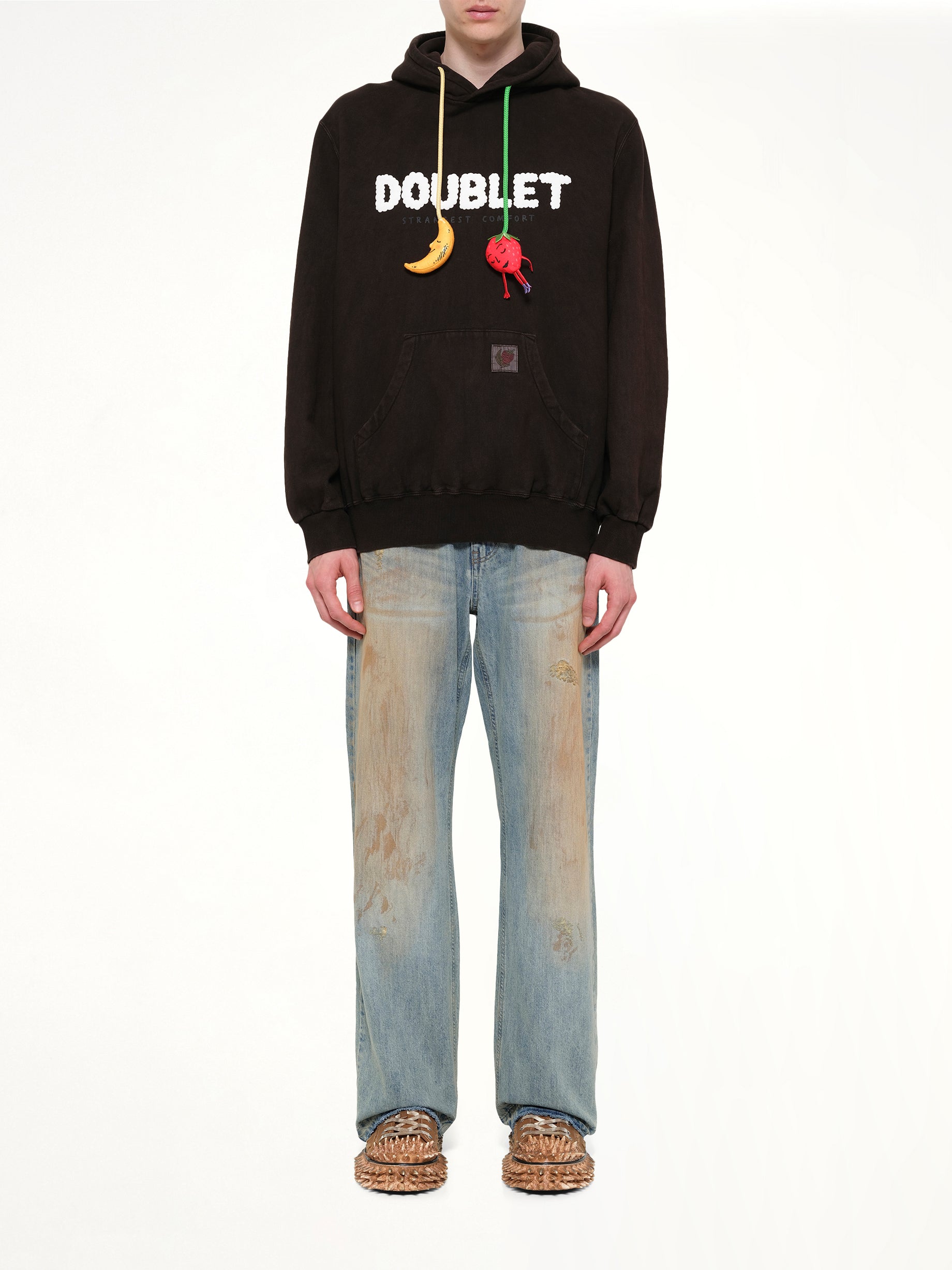 DOUBLET Mud-Dyed Hoodie With SHFU in Mud Model View from MARAIS