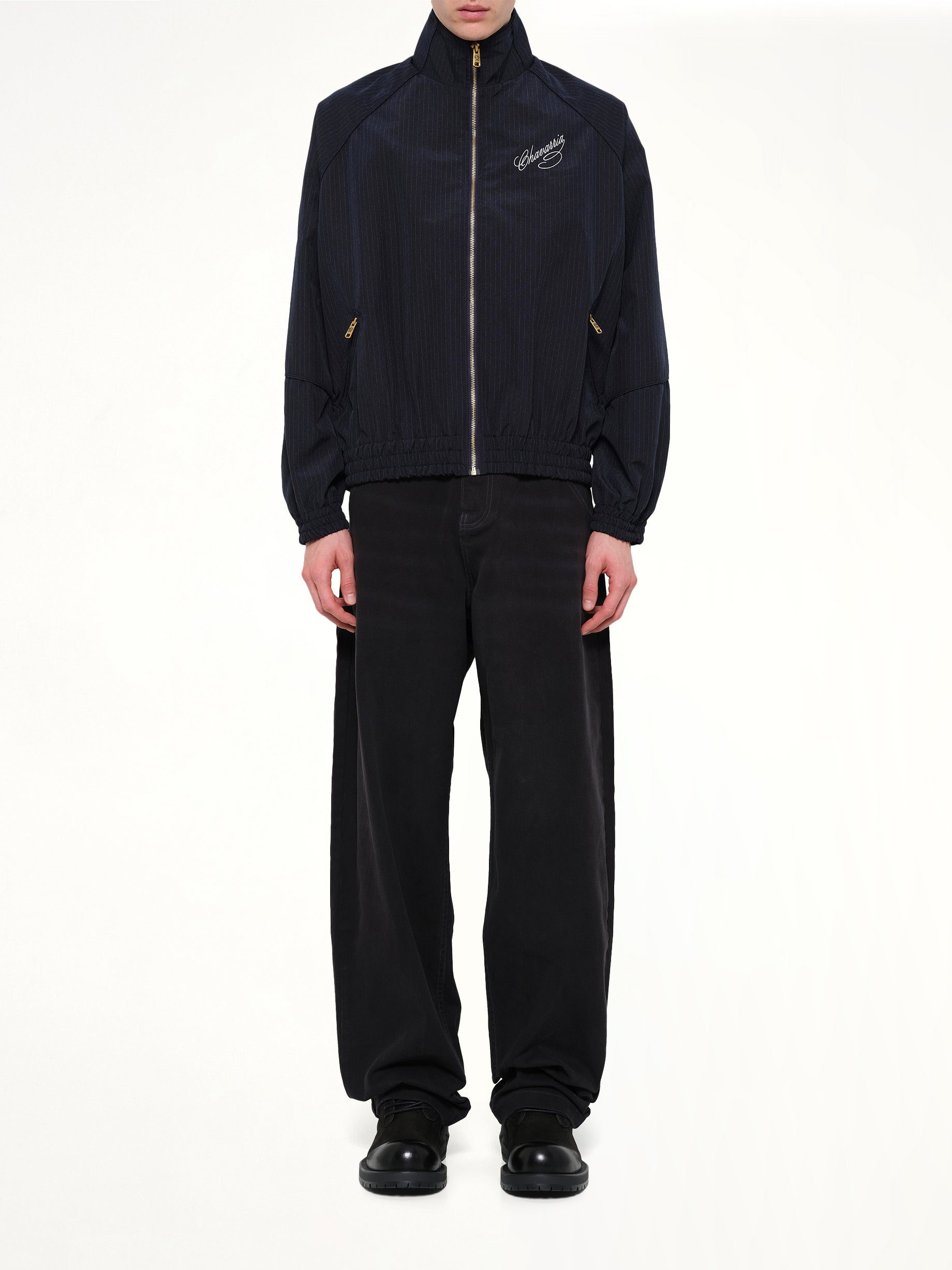 WILLY CHAVARRIA Ruff Rider Track Jacket in Peacoat Stripe Model View from MARAIS