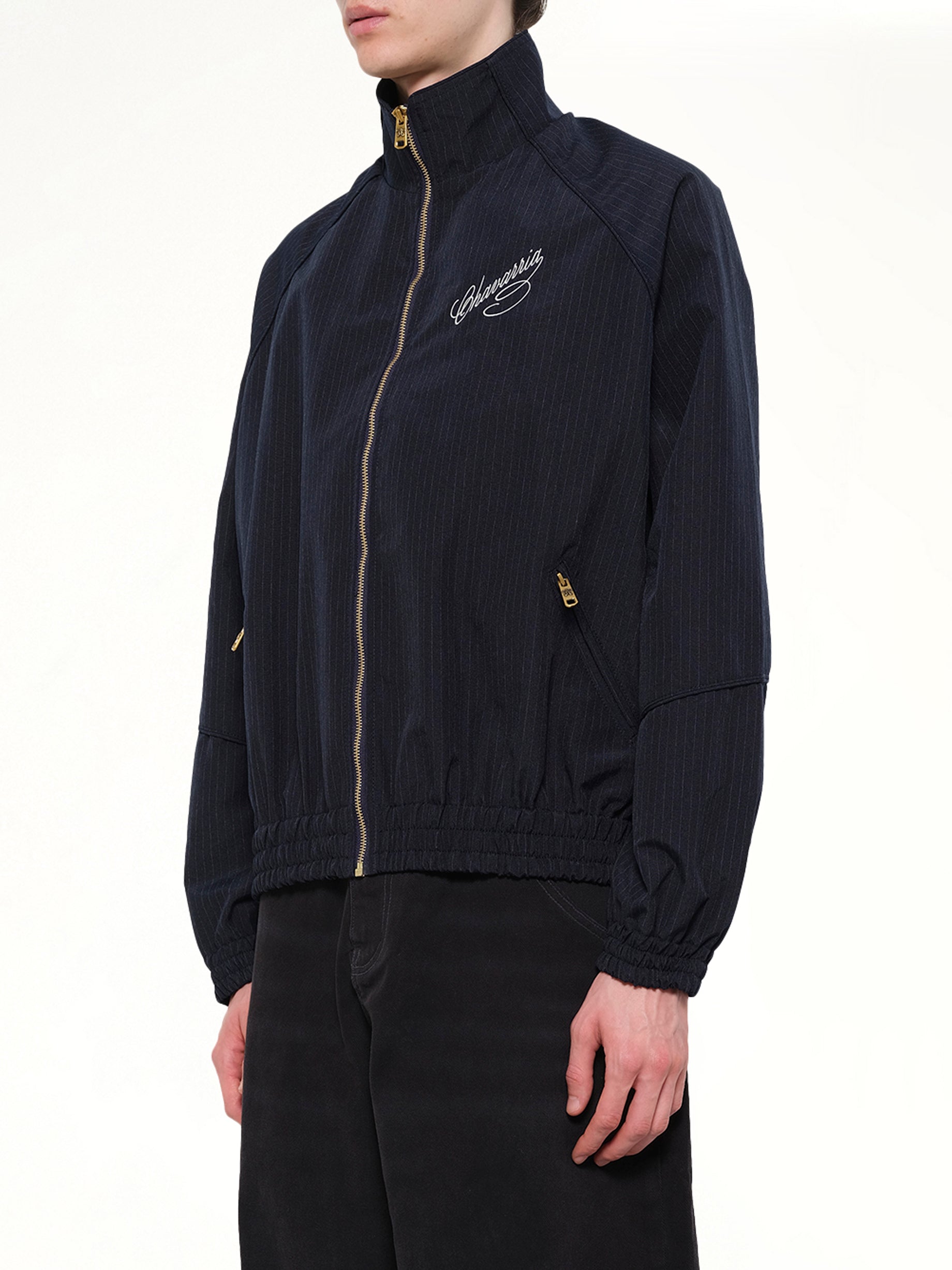 WILLY CHAVARRIA Ruff Rider Track Jacket in Peacoat Stripe Side View from MARAIS