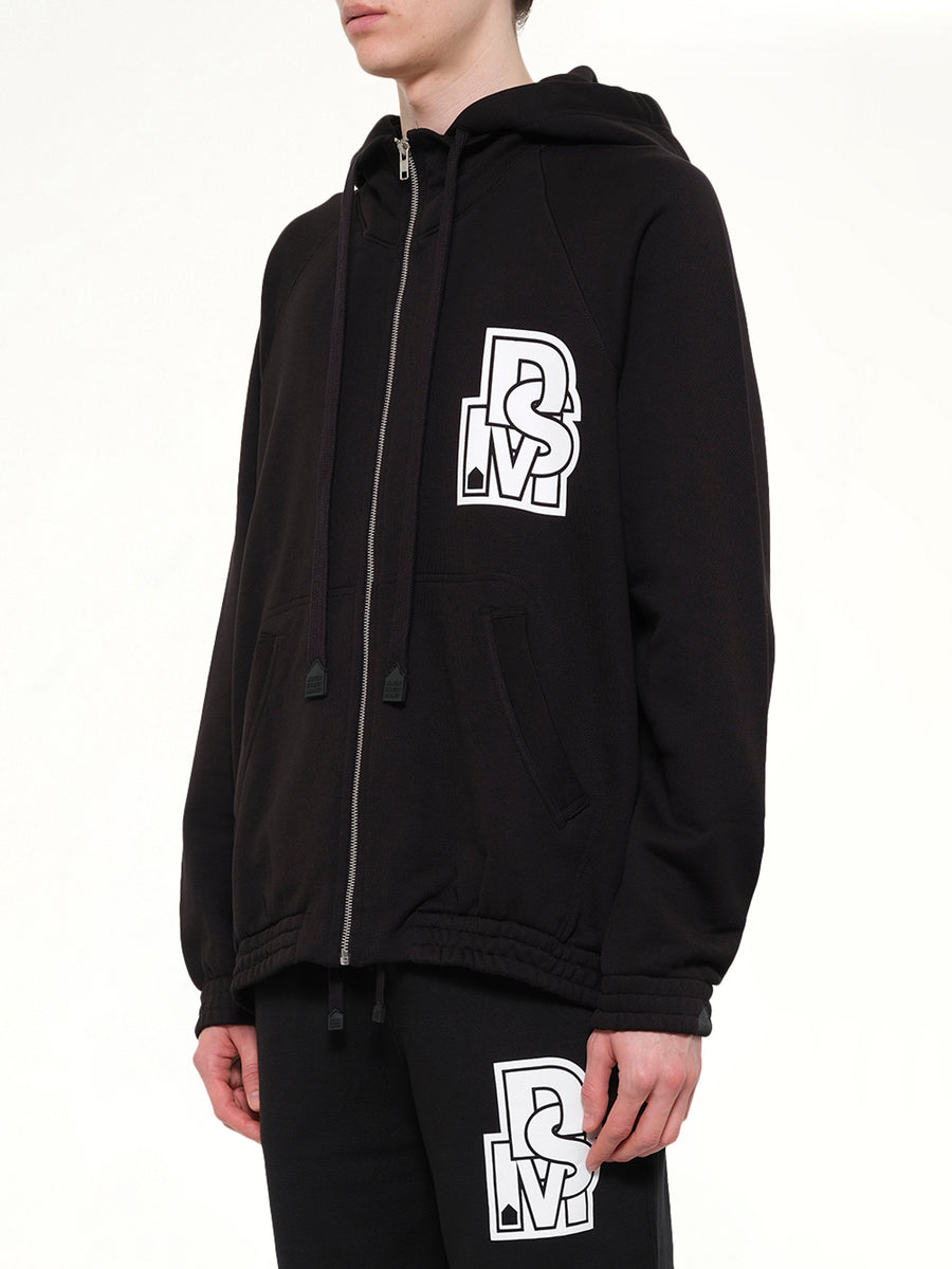Pile Knit Zipped Hoodie in Black