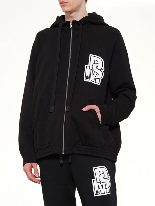 Pile Knit Zipped Hoodie in Black