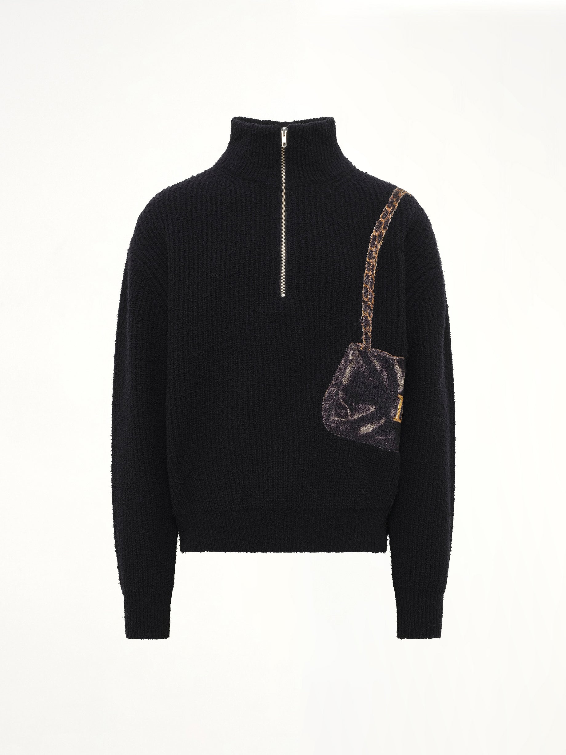 Trompe L’Oeil Embroidery Half Zip Knit in Black