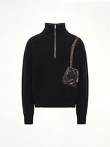 Trompe L’Oeil Embroidery Half Zip Knit in Black