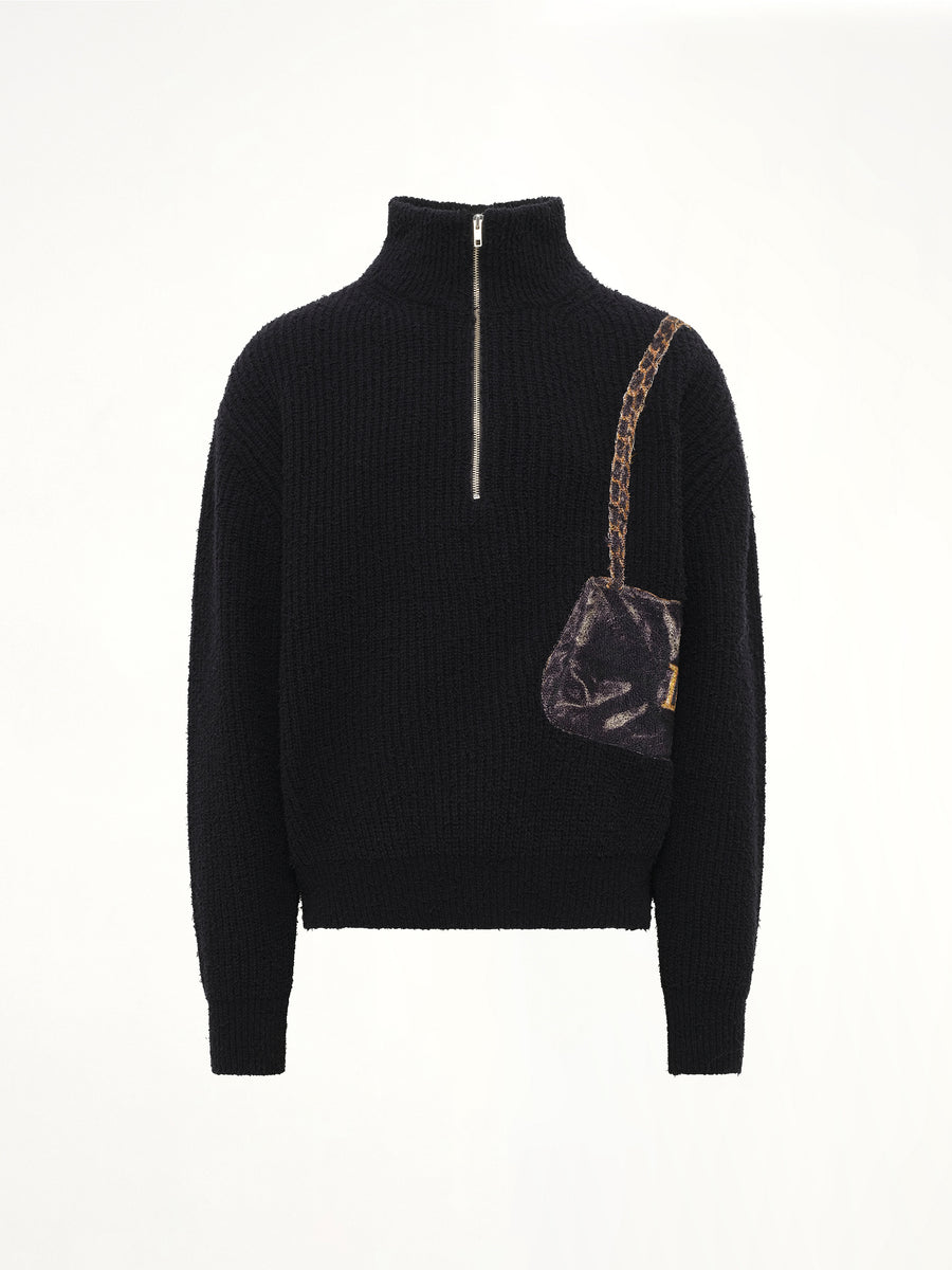 Trompe L’Oeil Embroidery Half Zip Knit in Black