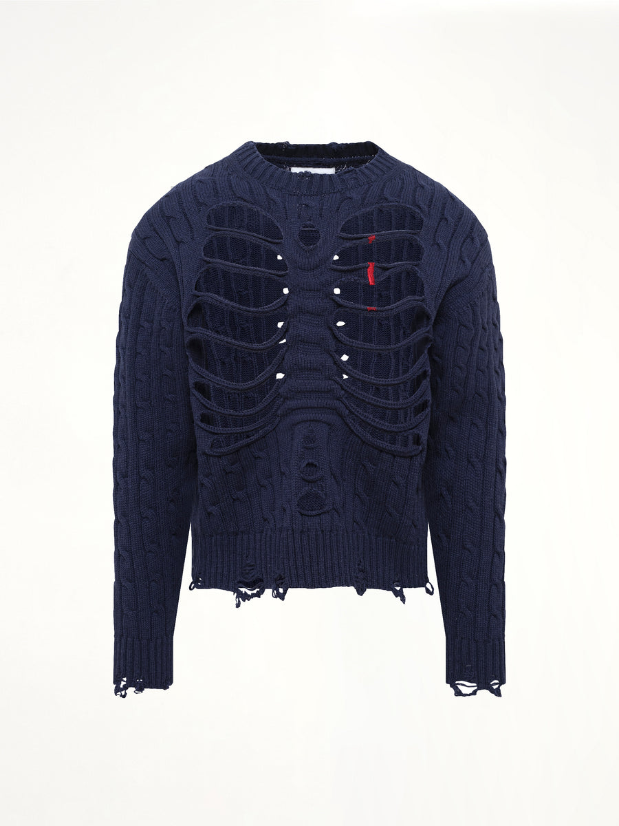 Rib Cage Cable Knit Pullover in Navy