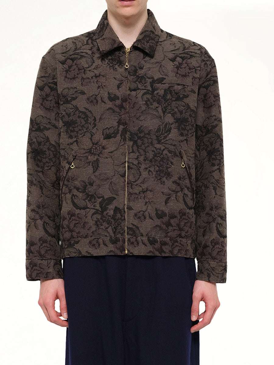 Flower Zip Up Jacket in Dark Khaki