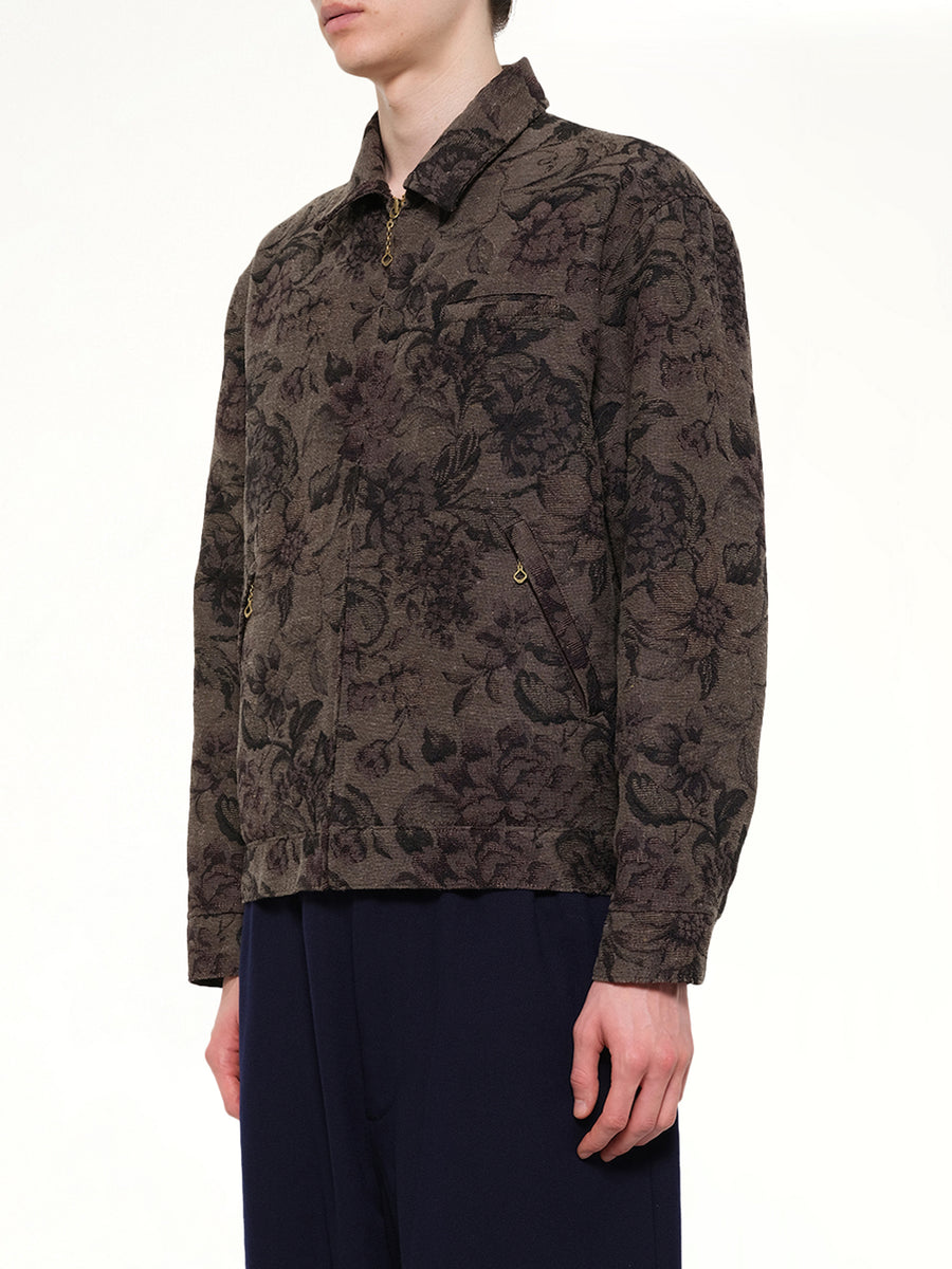 Flower Zip Up Jacket in Dark Khaki
