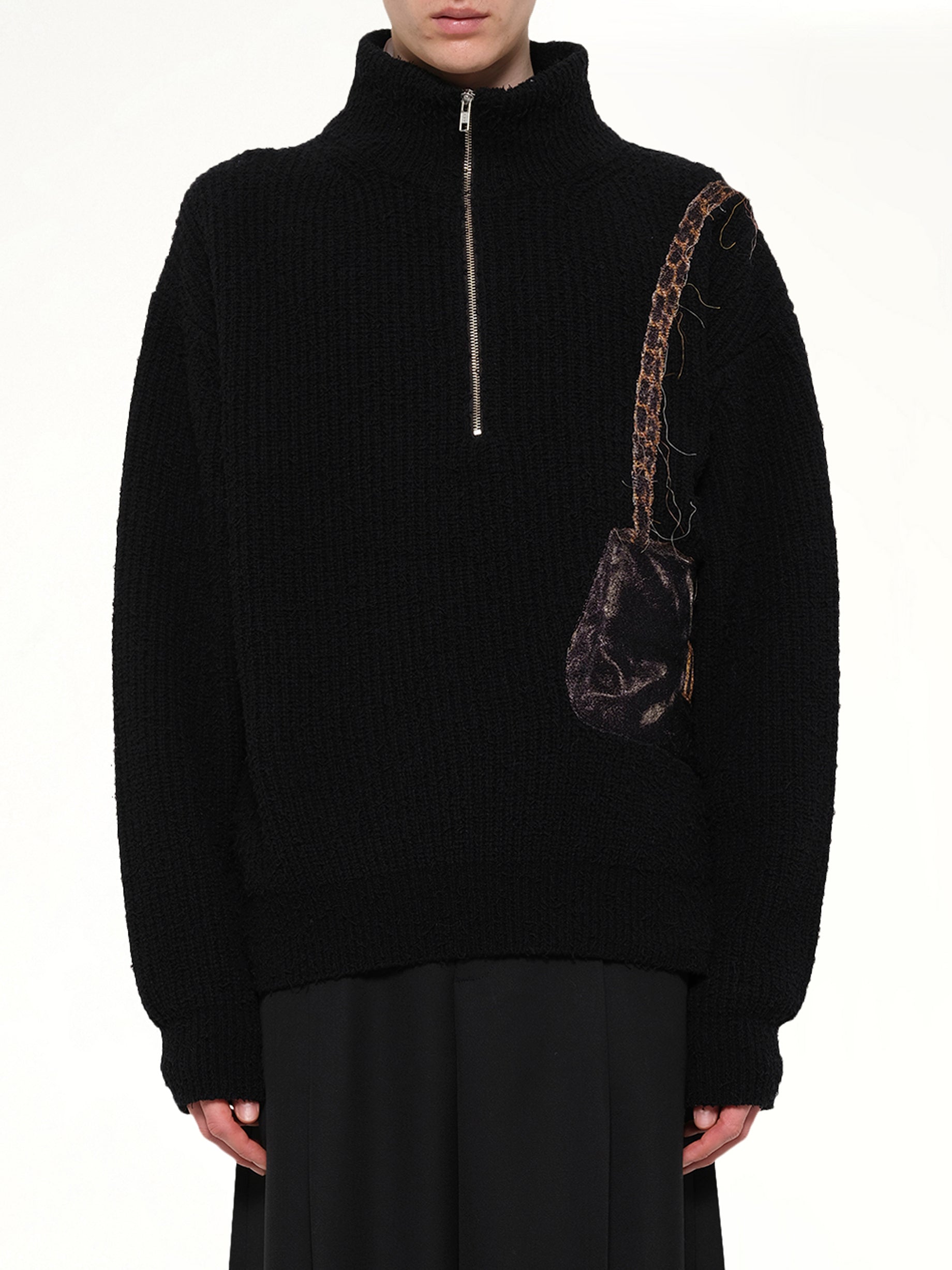 Trompe L’Oeil Embroidery Half Zip Knit in Black