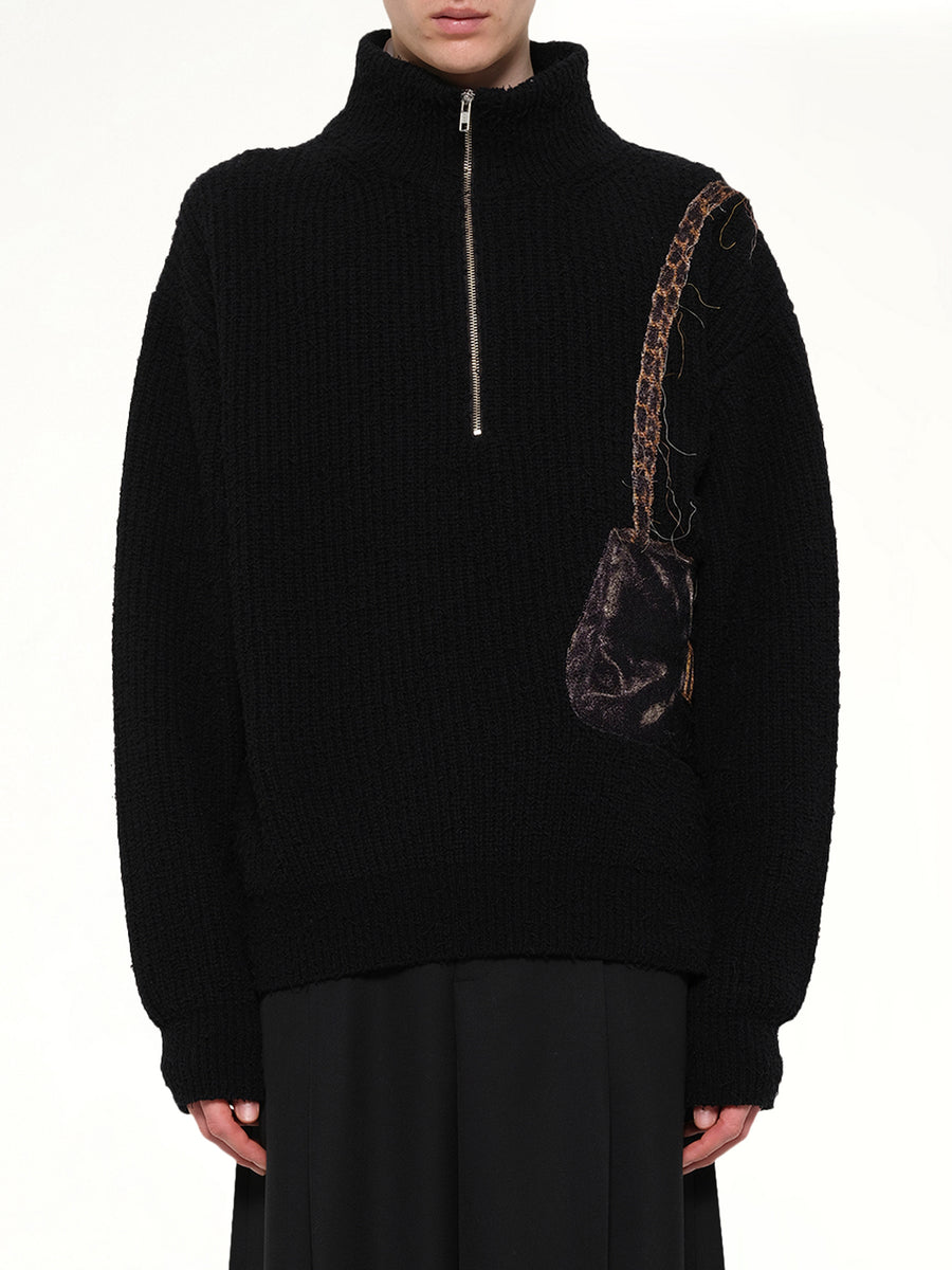 Trompe L’Oeil Embroidery Half Zip Knit in Black