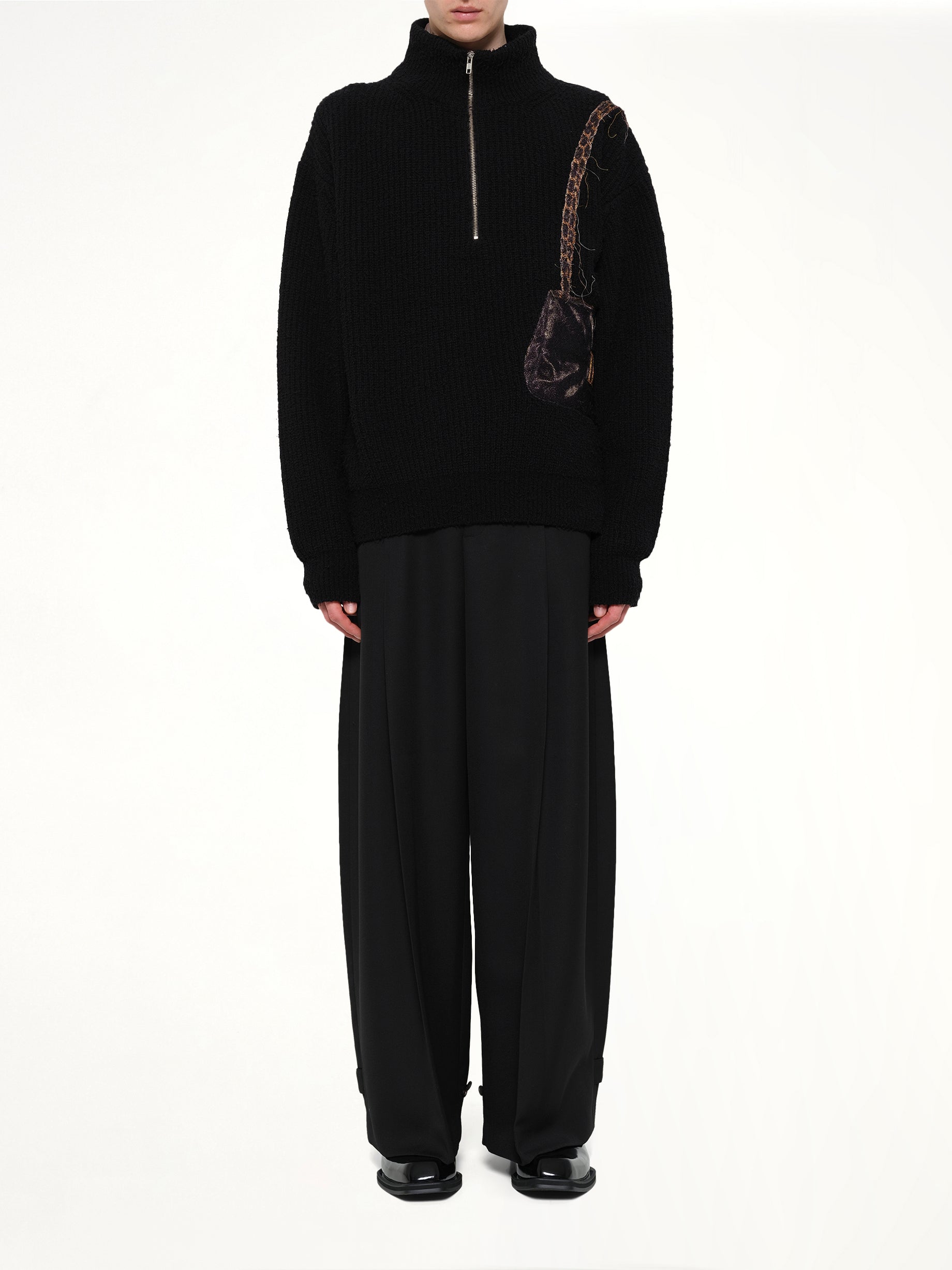 Trompe L’Oeil Embroidery Half Zip Knit in Black