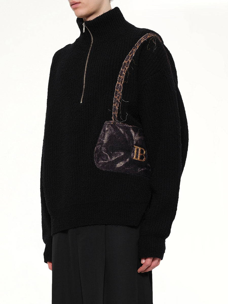 Trompe L’Oeil Embroidery Half Zip Knit in Black