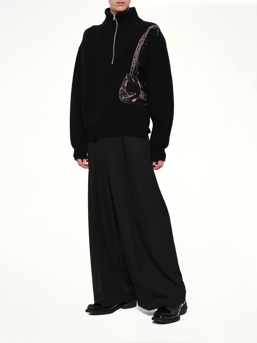 Trompe L’Oeil Embroidery Half Zip Knit in Black