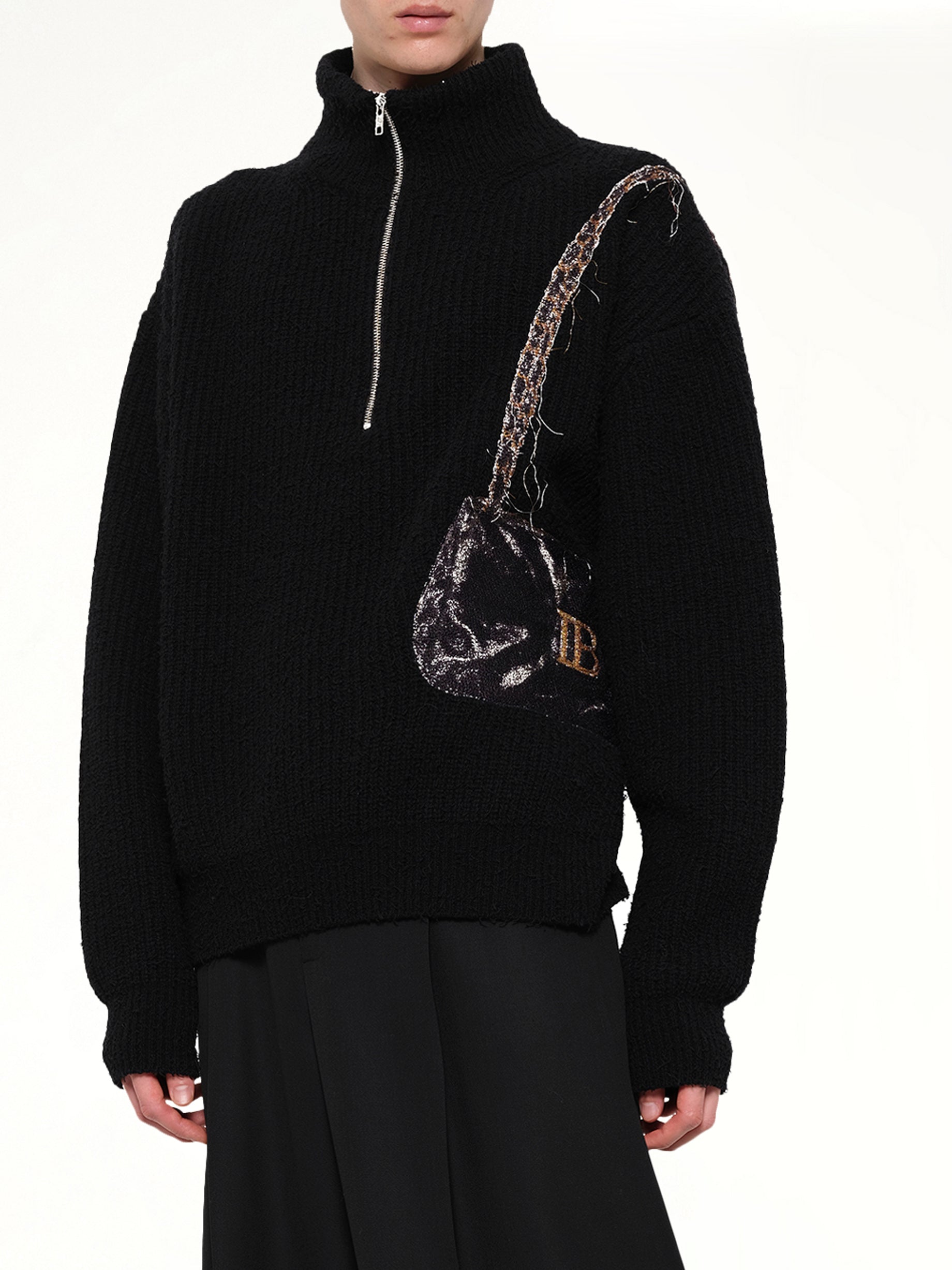 Trompe L’Oeil Embroidery Half Zip Knit in Black