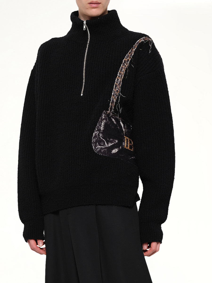 Trompe L’Oeil Embroidery Half Zip Knit in Black