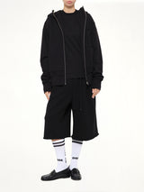 Hut Embroidery Zipped Knit Hoodie in Black