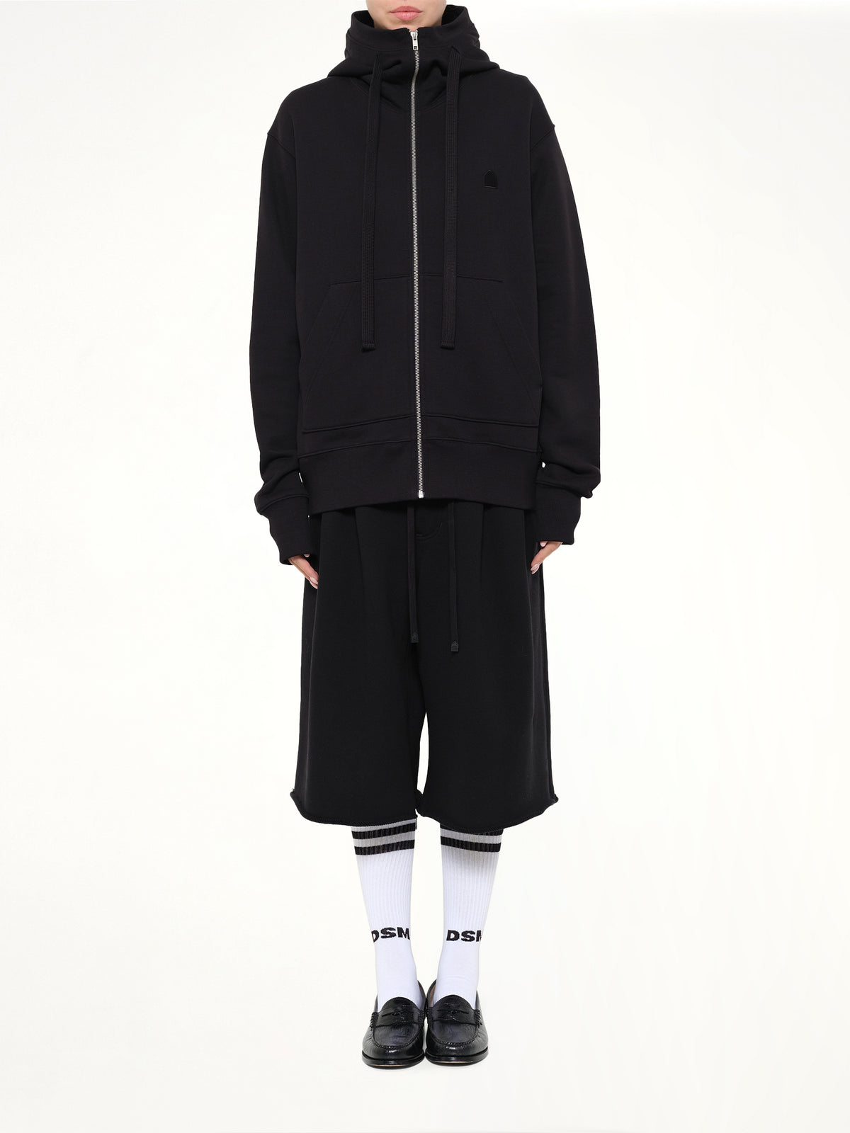 Hut Embroidery Zipped Knit Hoodie in Black