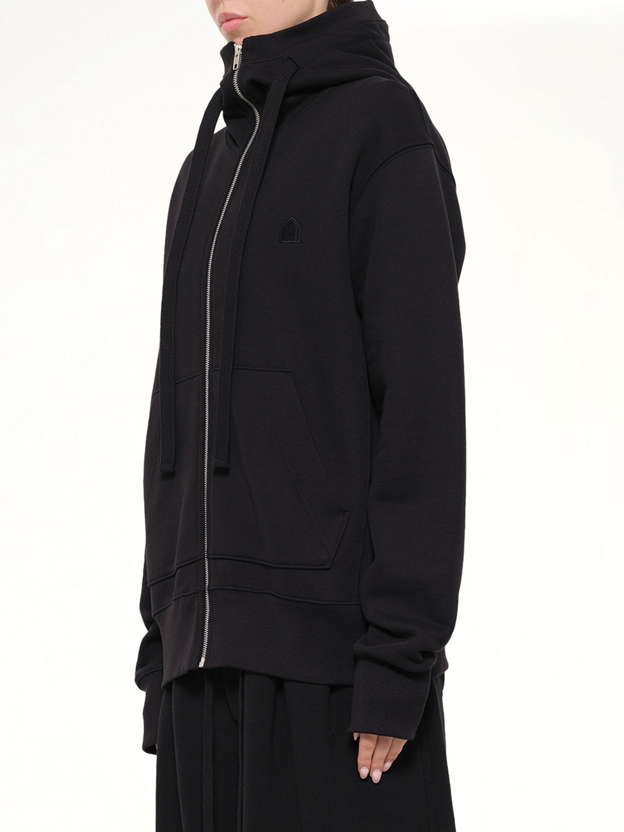 Hut Embroidery Zipped Knit Hoodie in Black