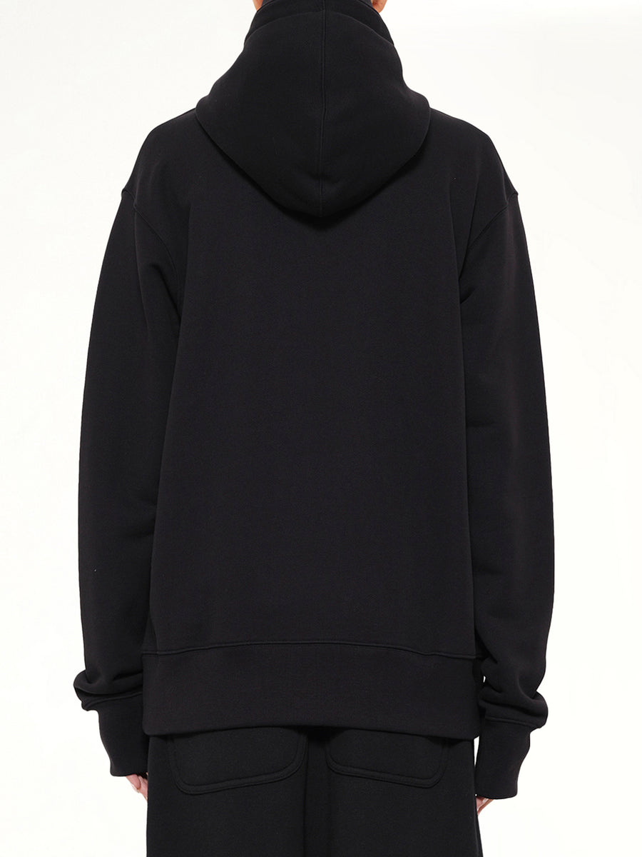 Hut Embroidery Zipped Knit Hoodie in Black
