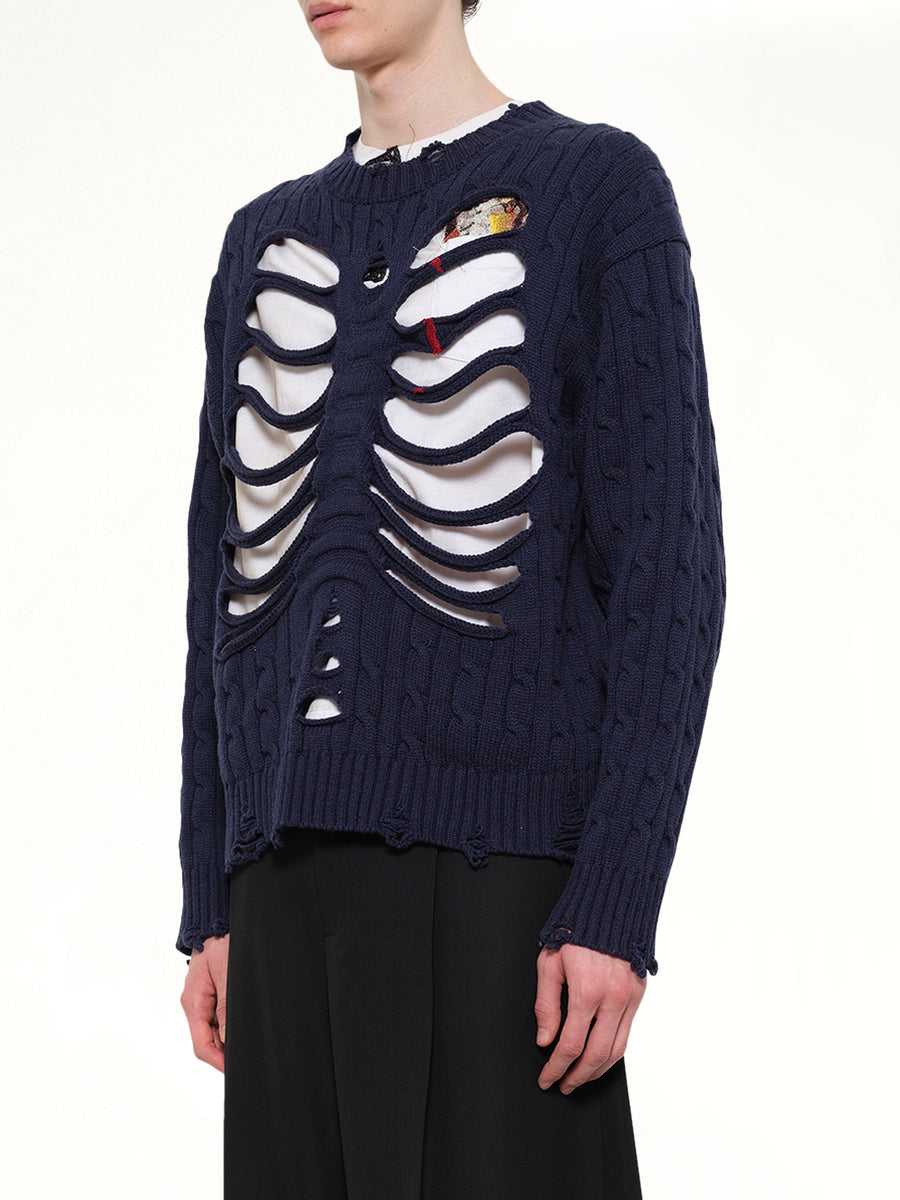 Rib Cage Cable Knit Pullover in Navy