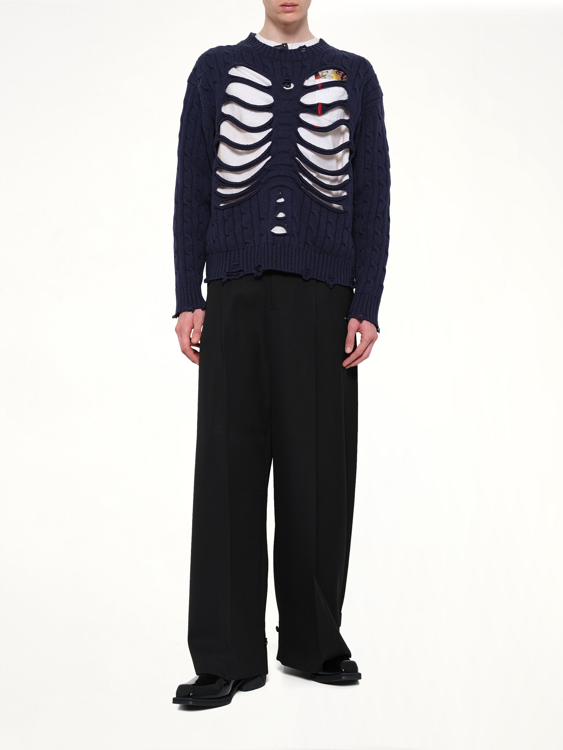 Rib Cage Cable Knit Pullover in Navy