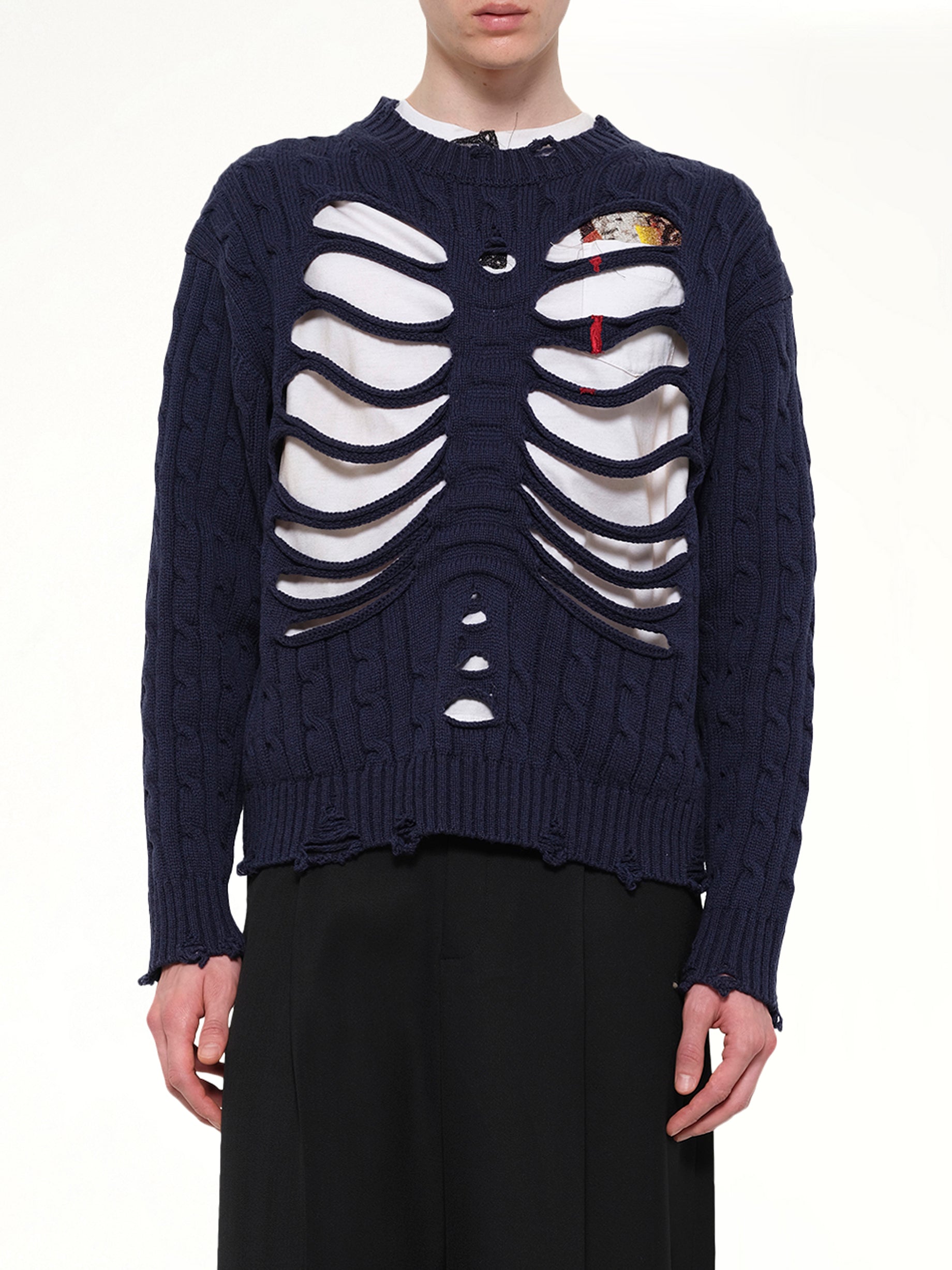Rib Cage Cable Knit Pullover in Navy