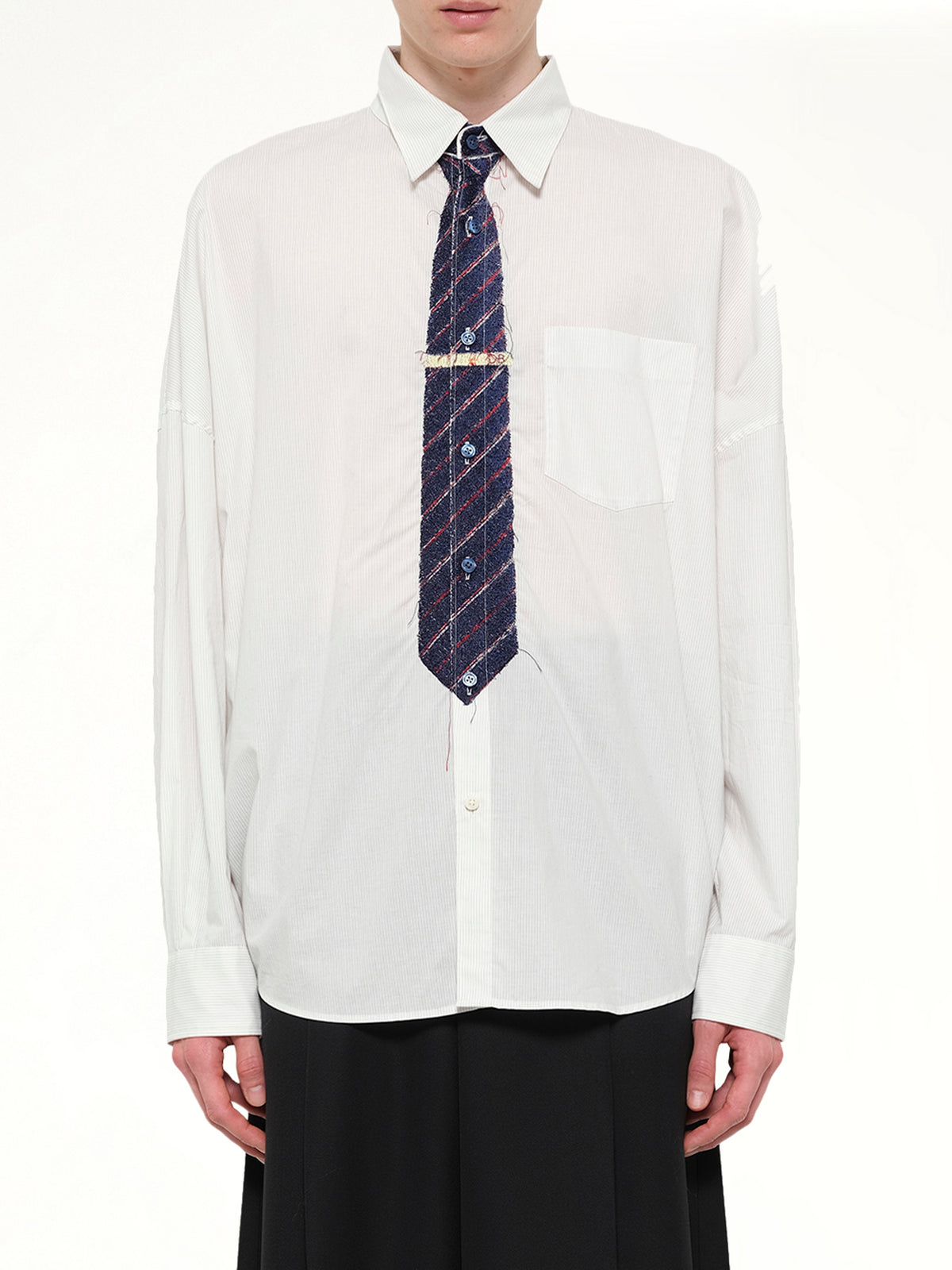 Trompe L’Oeil Tie Embroidery Shirt in White/Black