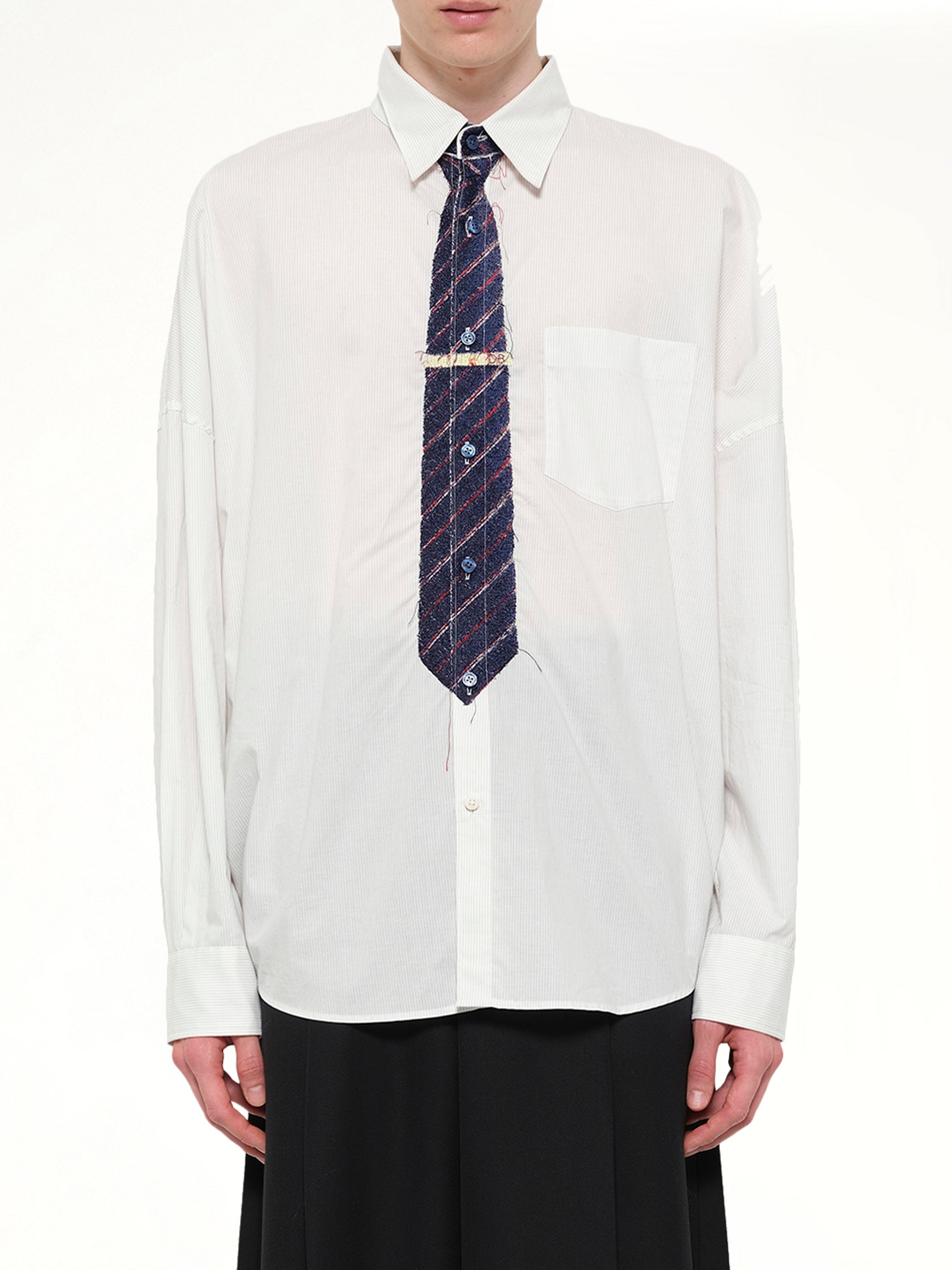 Trompe L’Oeil Tie Embroidery Shirt in White/Black
