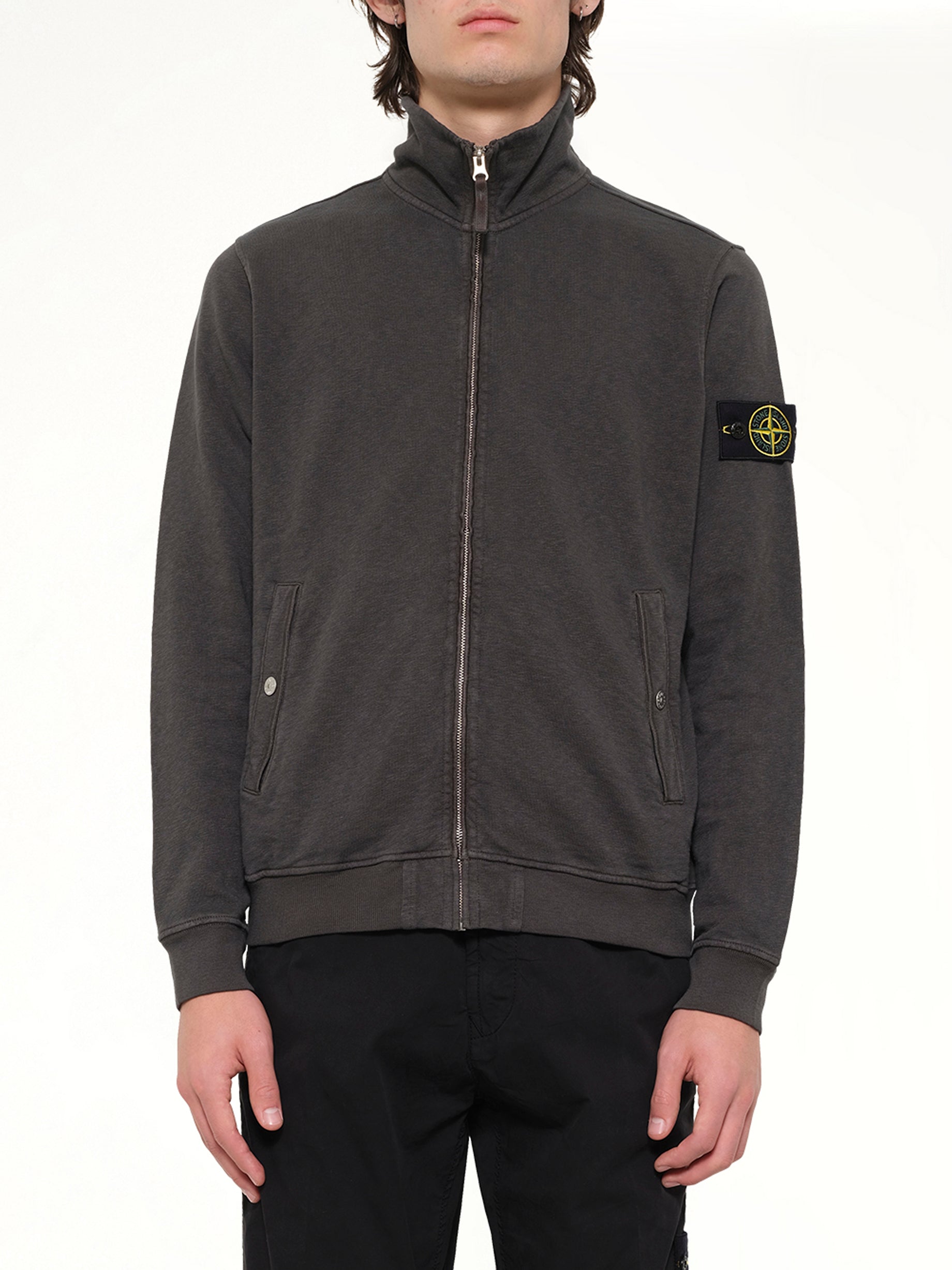 STONE ISLAND 6100033 Zip Up Cardigan in Charcoal Front View from MARAIS