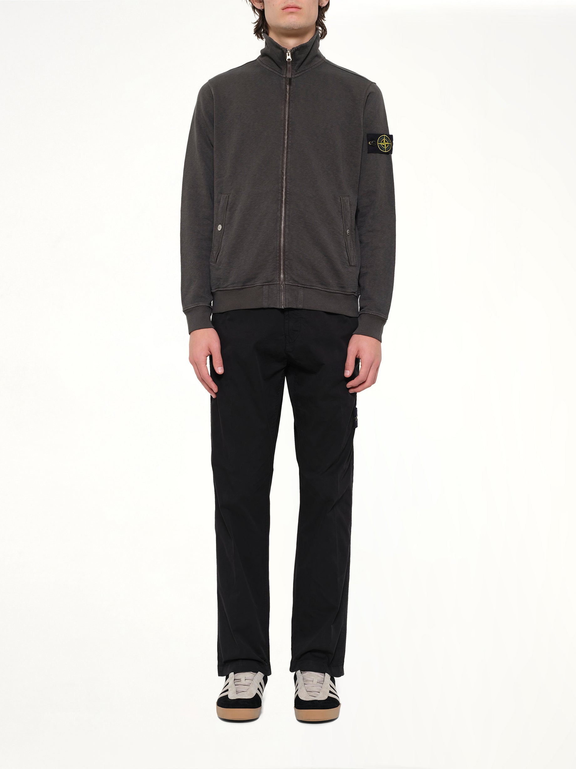 STONE ISLAND 6100033 Zip Up Cardigan in Charcoal Model View from MARAIS