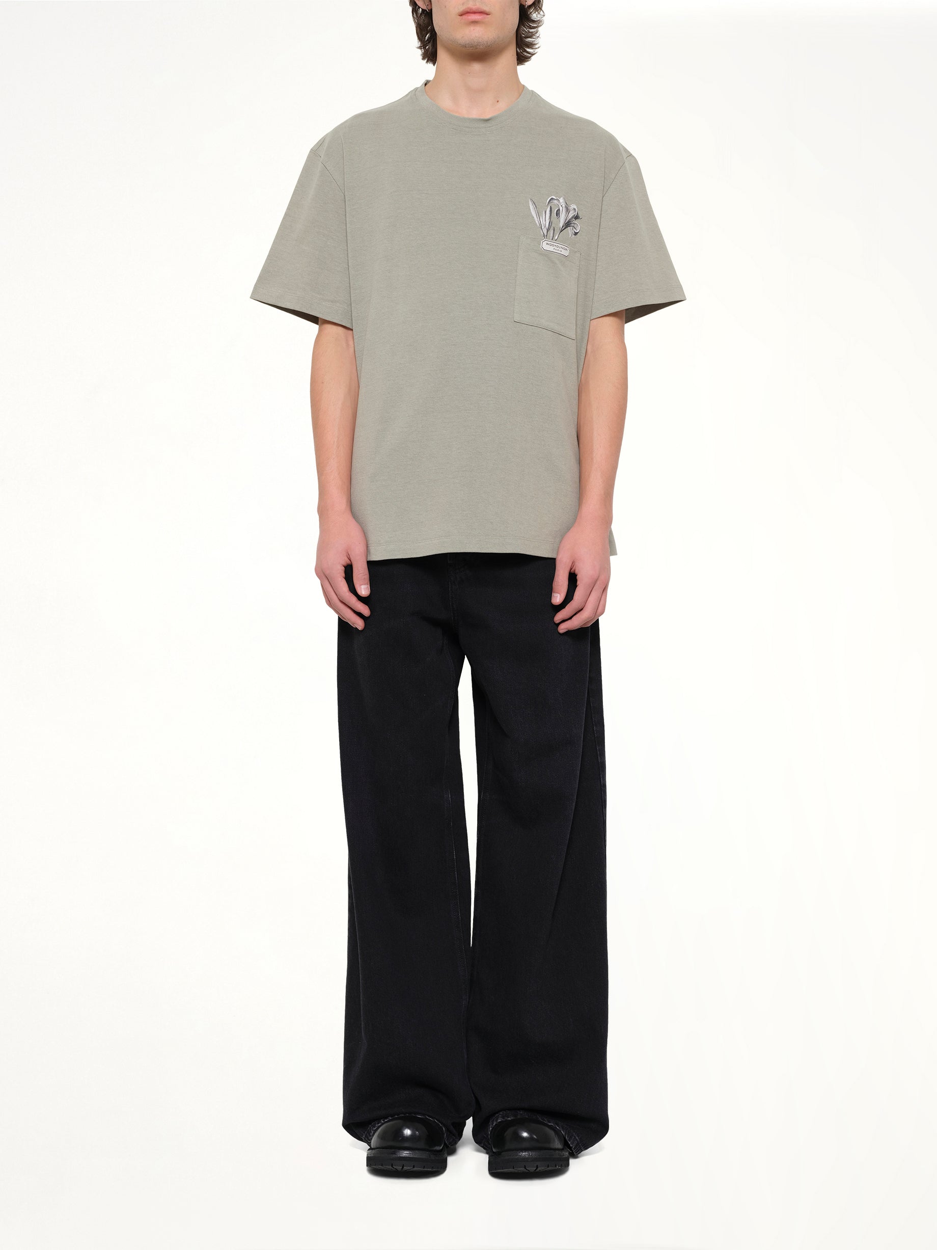 WOOYOUNGMI Flower Print T-Shirt in Khaki Model View from MARAIS