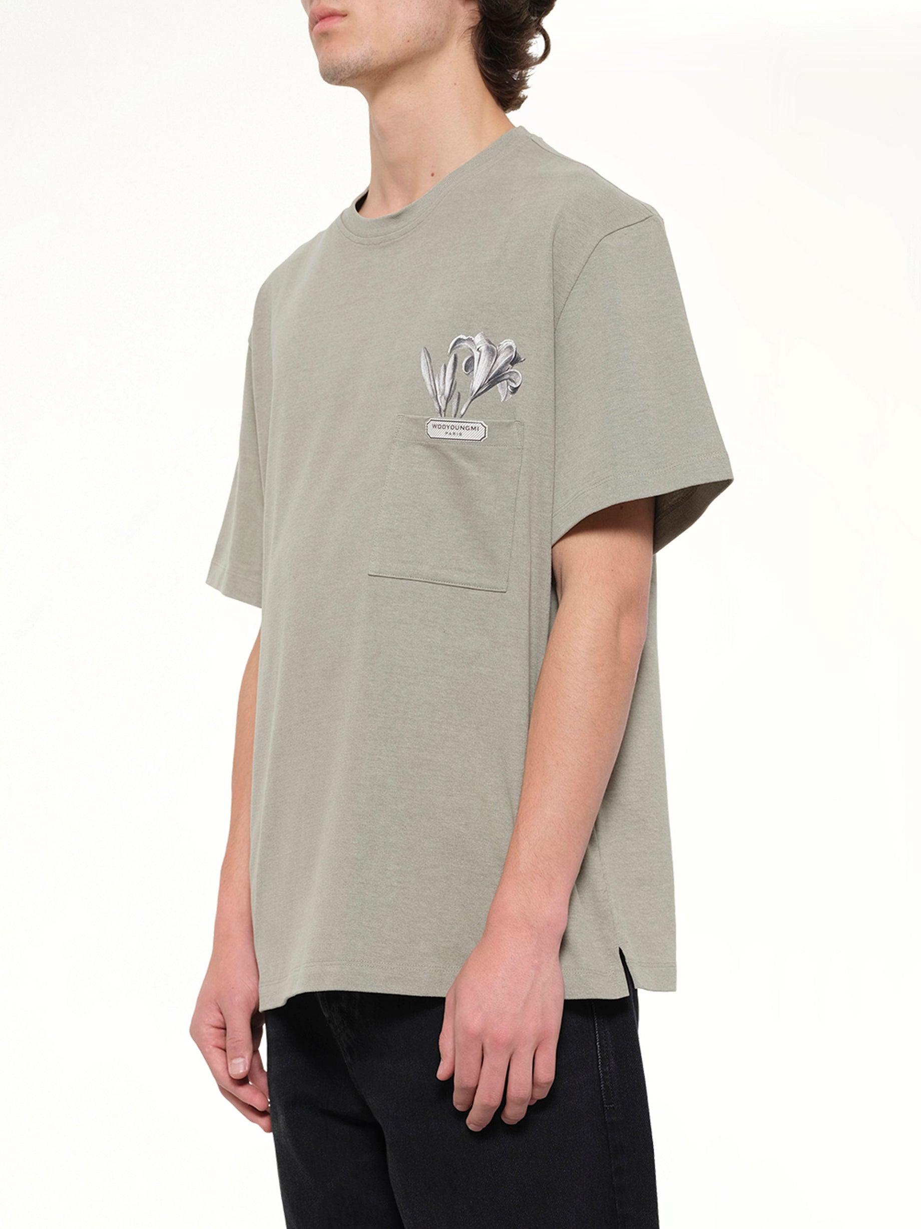 WOOYOUNGMI Flower Print T-Shirt in Khaki Side View from MARAIS