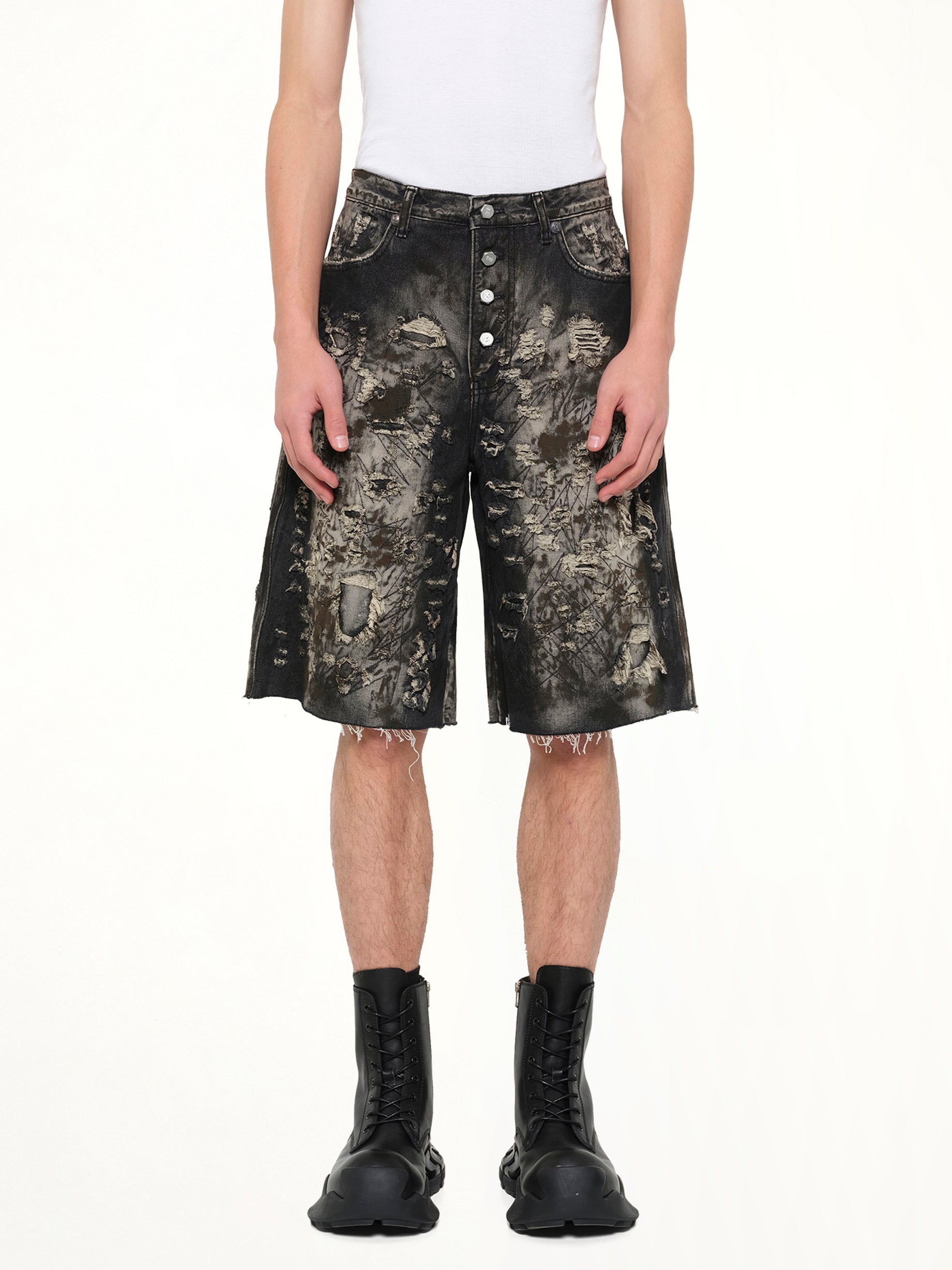 Hard Washed Destroyed Denim Shorts in Black