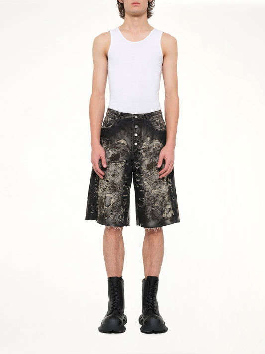 Hard Washed Destroyed Denim Shorts in Black