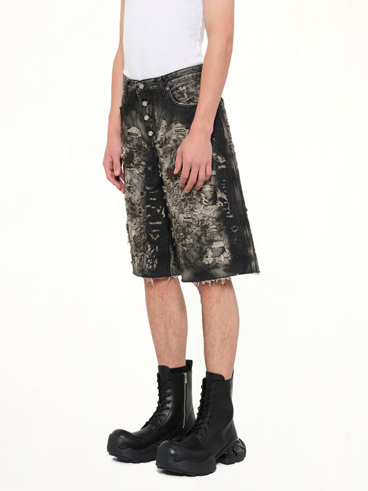 Hard Washed Destroyed Denim Shorts in Black
