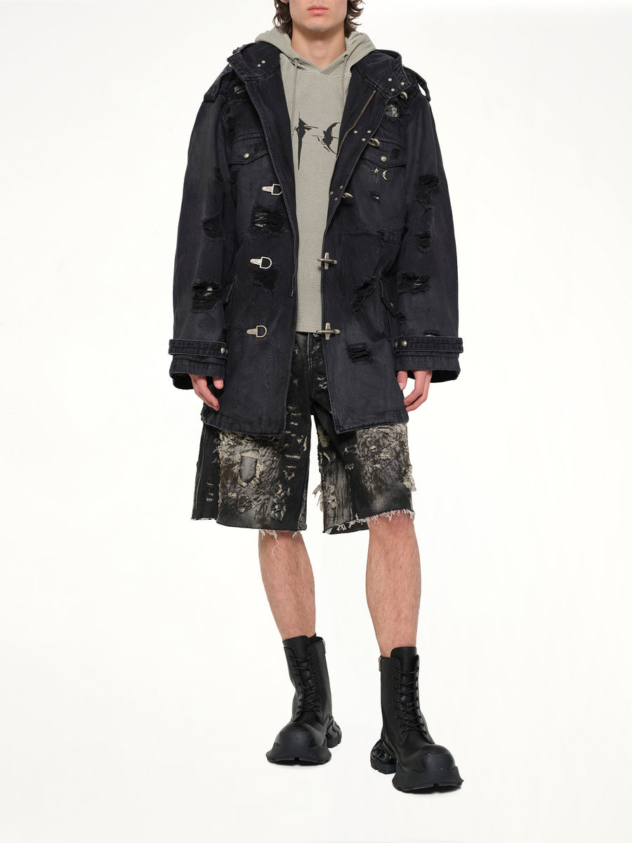 Hard Washed Destroyed Denim Shorts in Black