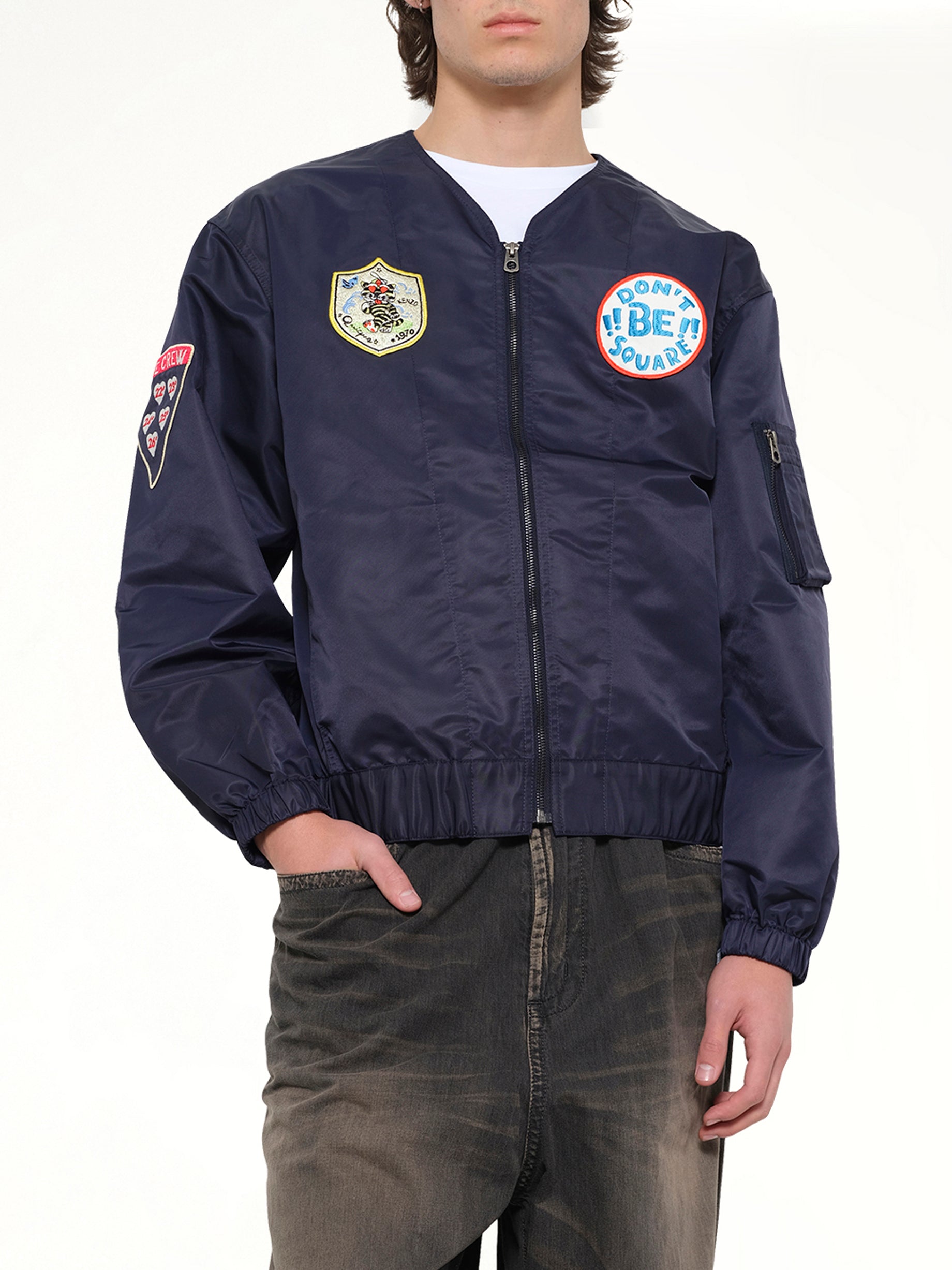 KENZO Kenzo Badges Collarless Bomber in Navy Blue Detail Shot from MARAIS