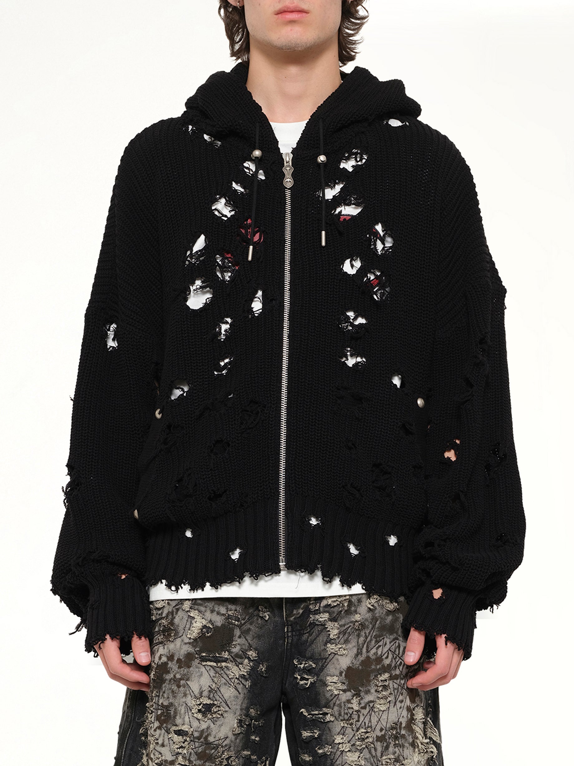 TC Destroyed Knit Zip-Up Hoodie in Black